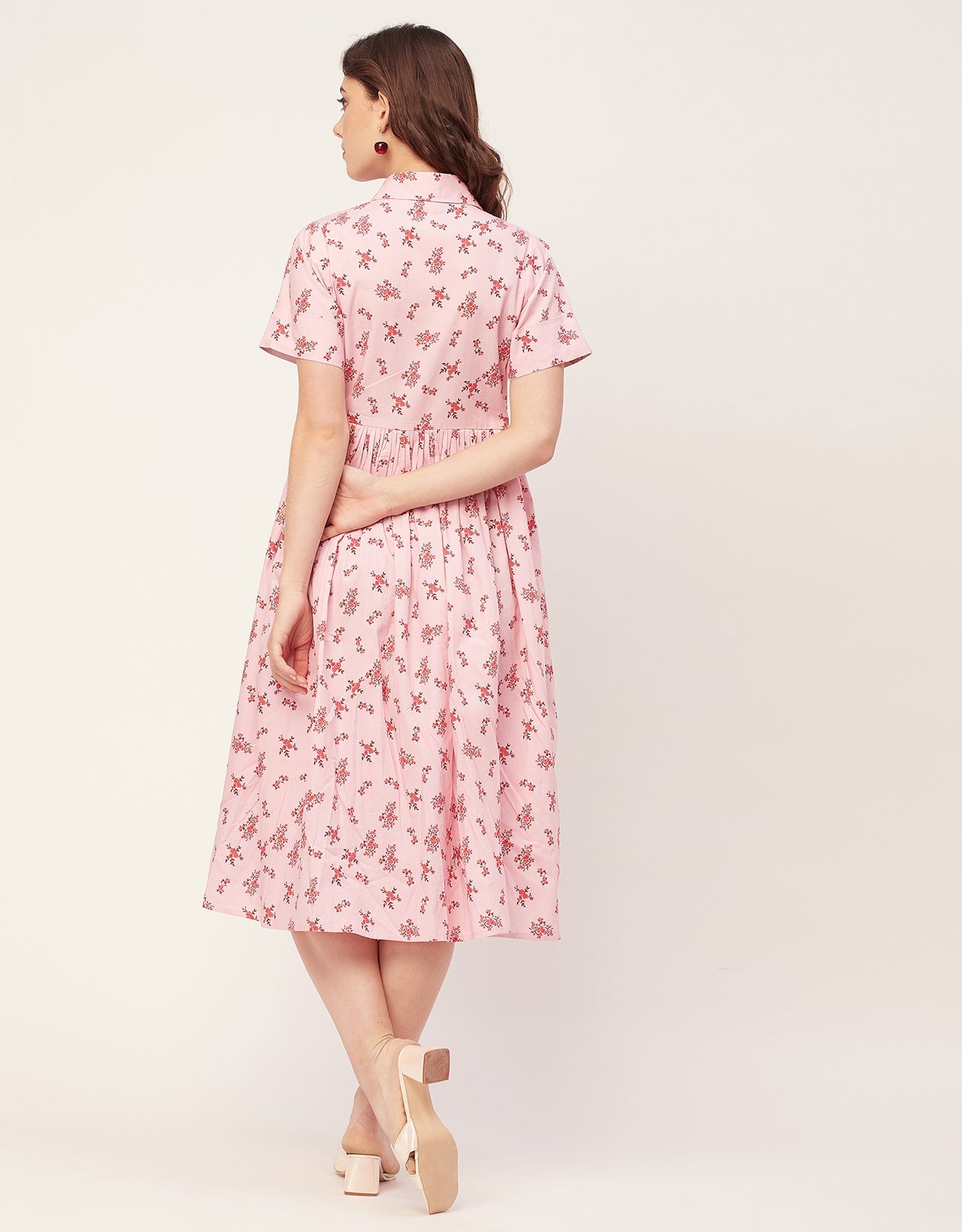 Short Sleeves Spread Collar Flared Cotton Dress