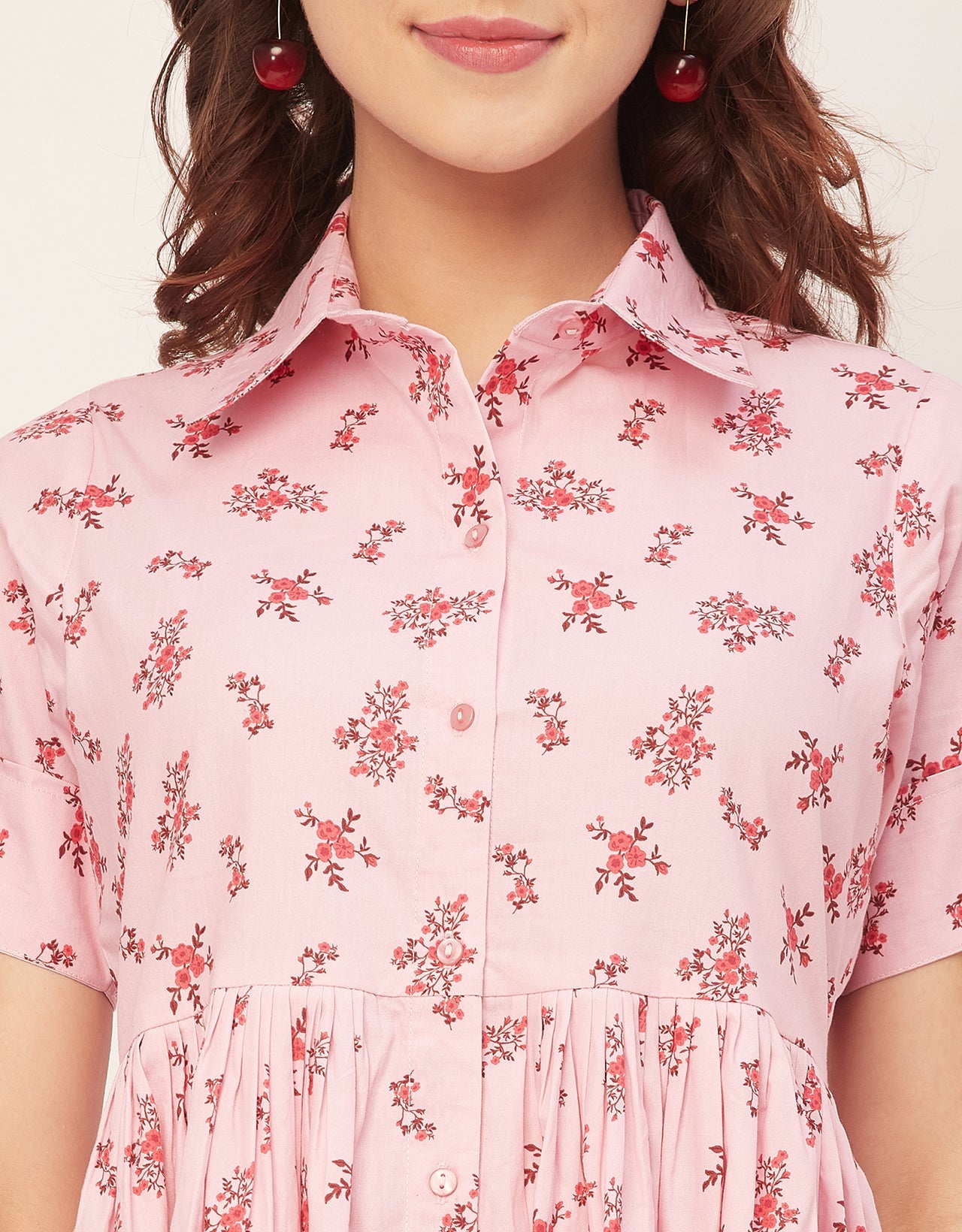 Short Sleeves Spread Collar Flared Cotton Dress