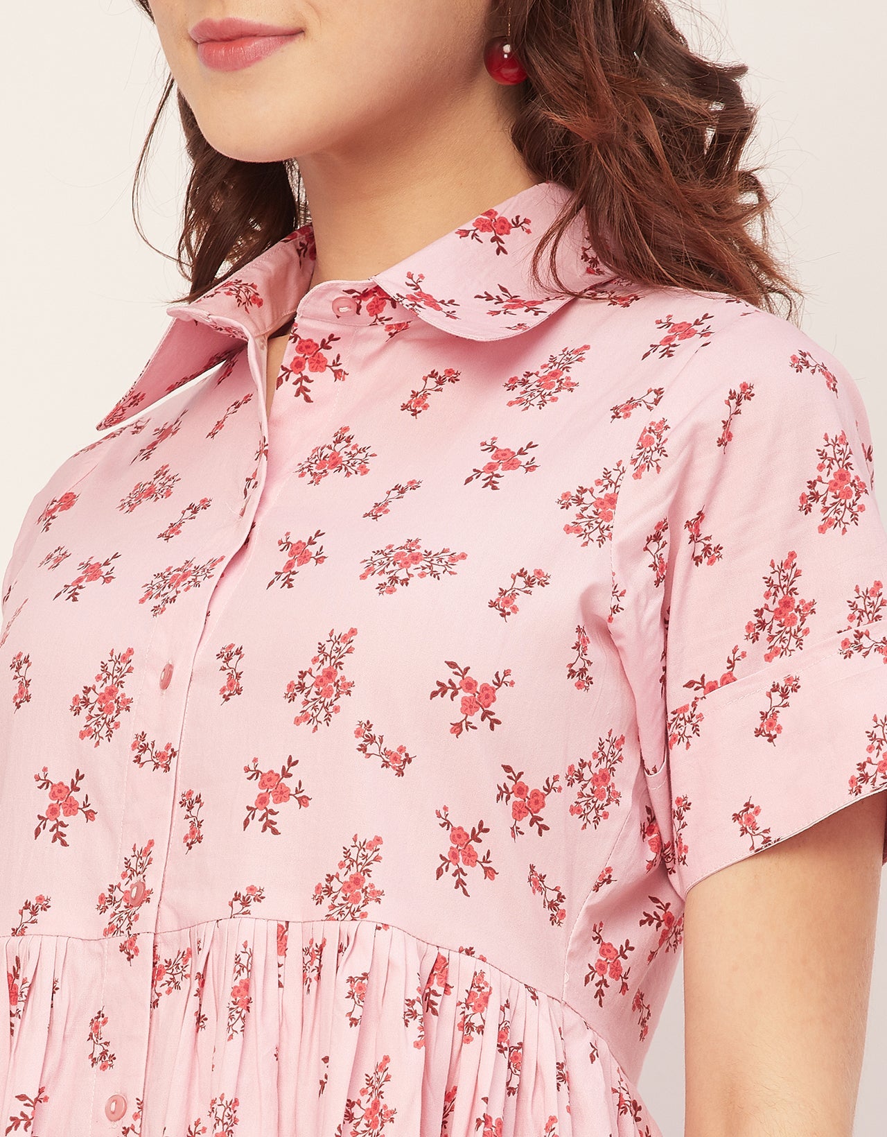 Short Sleeves Spread Collar Flared Cotton Dress