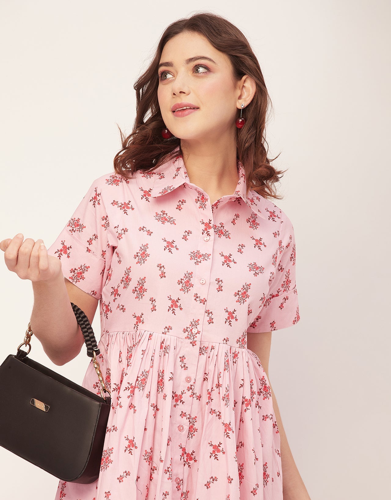 Short Sleeves Spread Collar Flared Cotton Dress