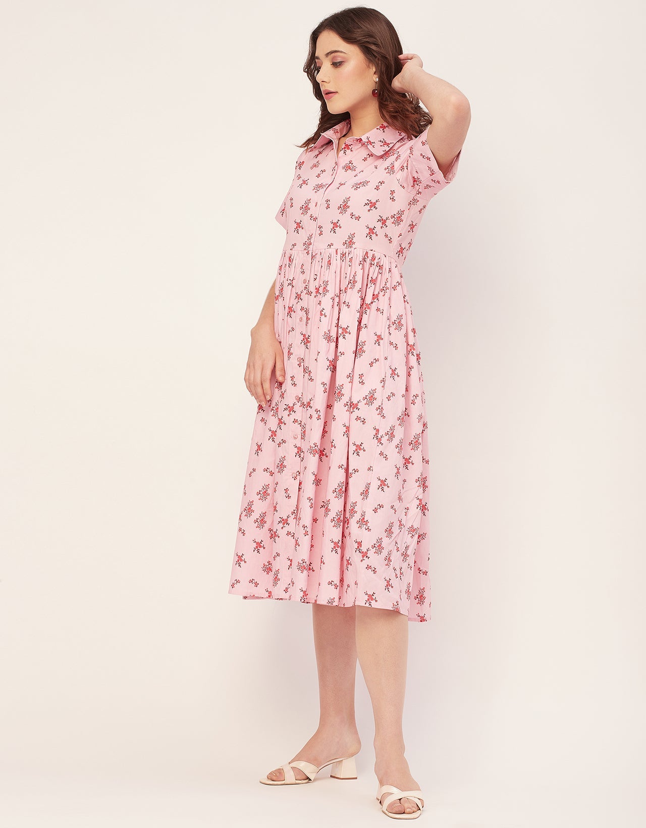 Short Sleeves Spread Collar Flared Cotton Dress