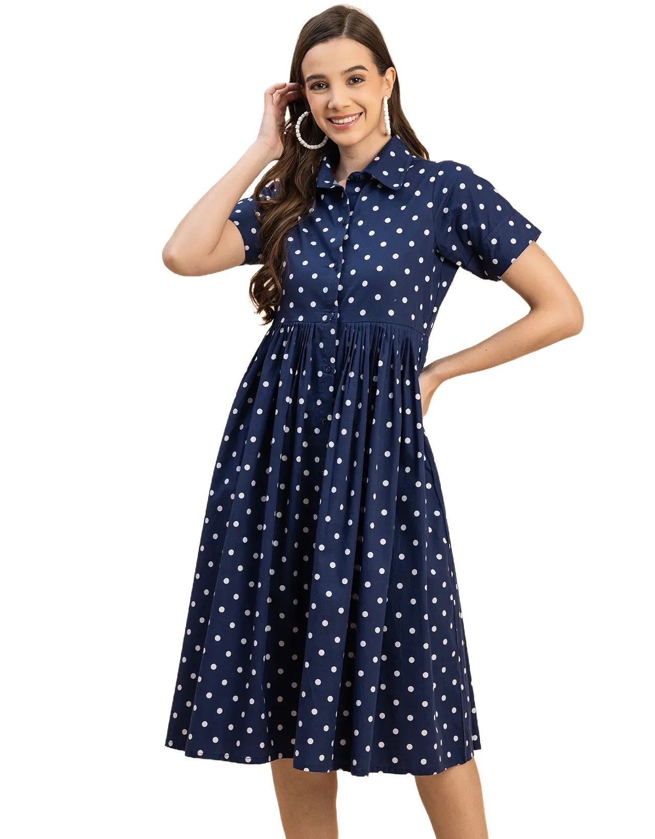 Short Sleeves Spread Collar Flared Cotton Dress