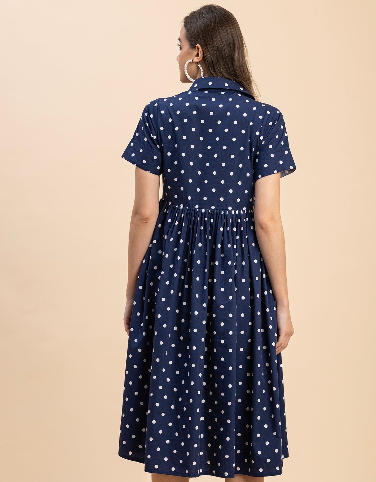 Short Sleeves Spread Collar Flared Cotton Dress