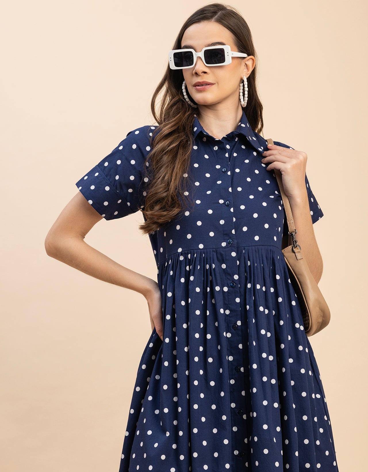 Short Sleeves Spread Collar Flared Cotton Dress