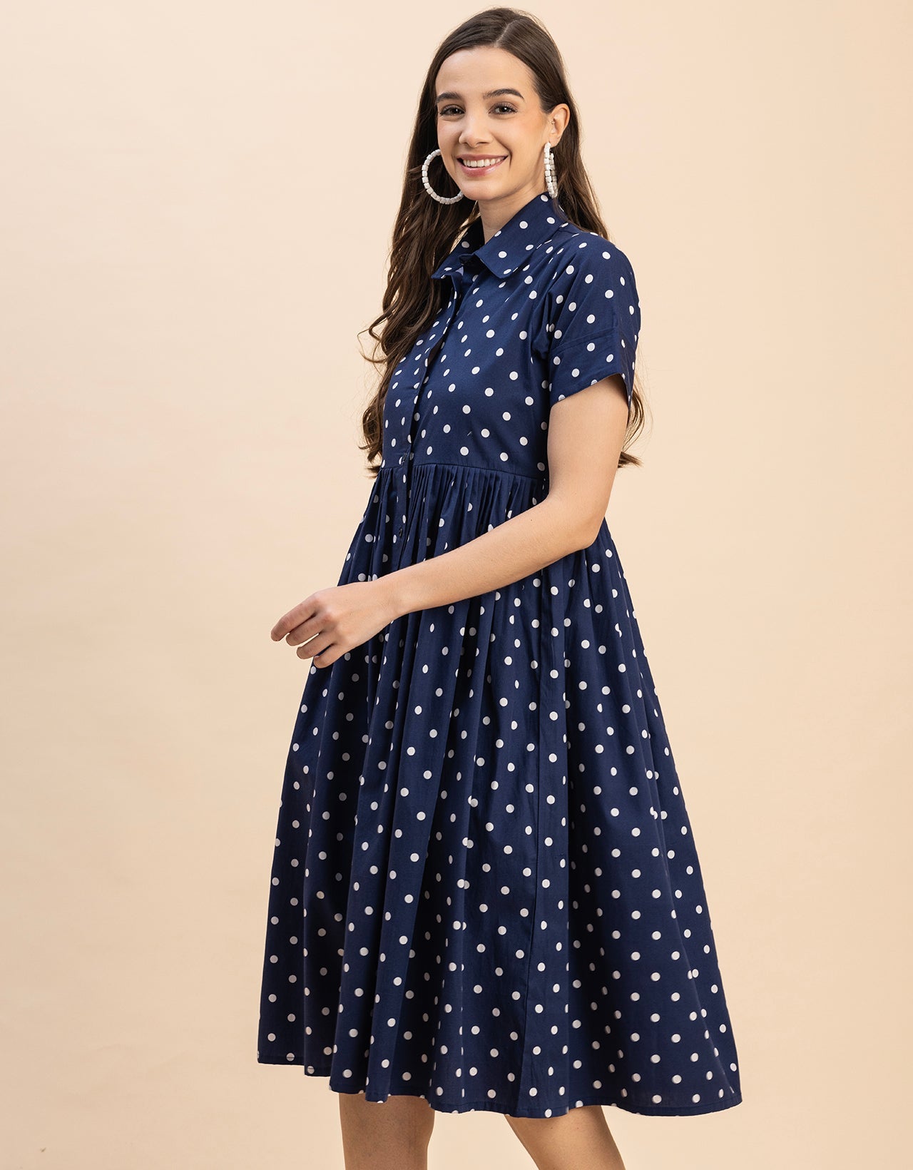 Short Sleeves Spread Collar Flared Cotton Dress