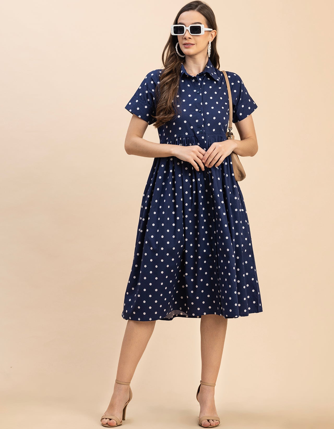 Short Sleeves Spread Collar Flared Cotton Dress