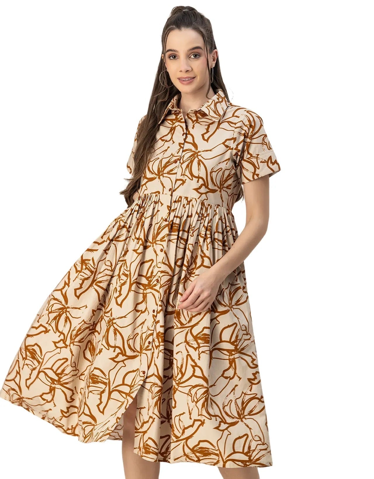 Short Sleeves Spread Collar Flared Cotton Dress