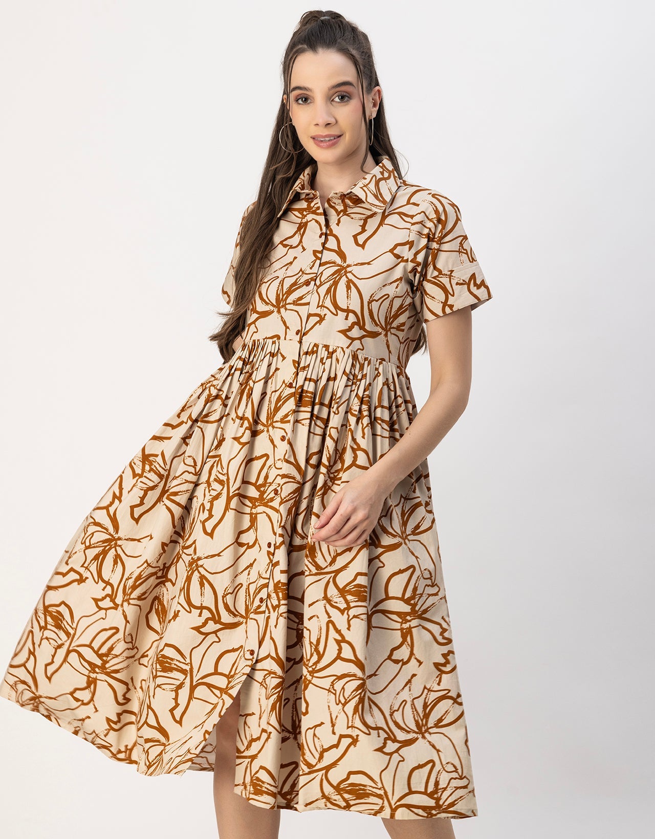 Short Sleeves Spread Collar Flared Cotton Dress