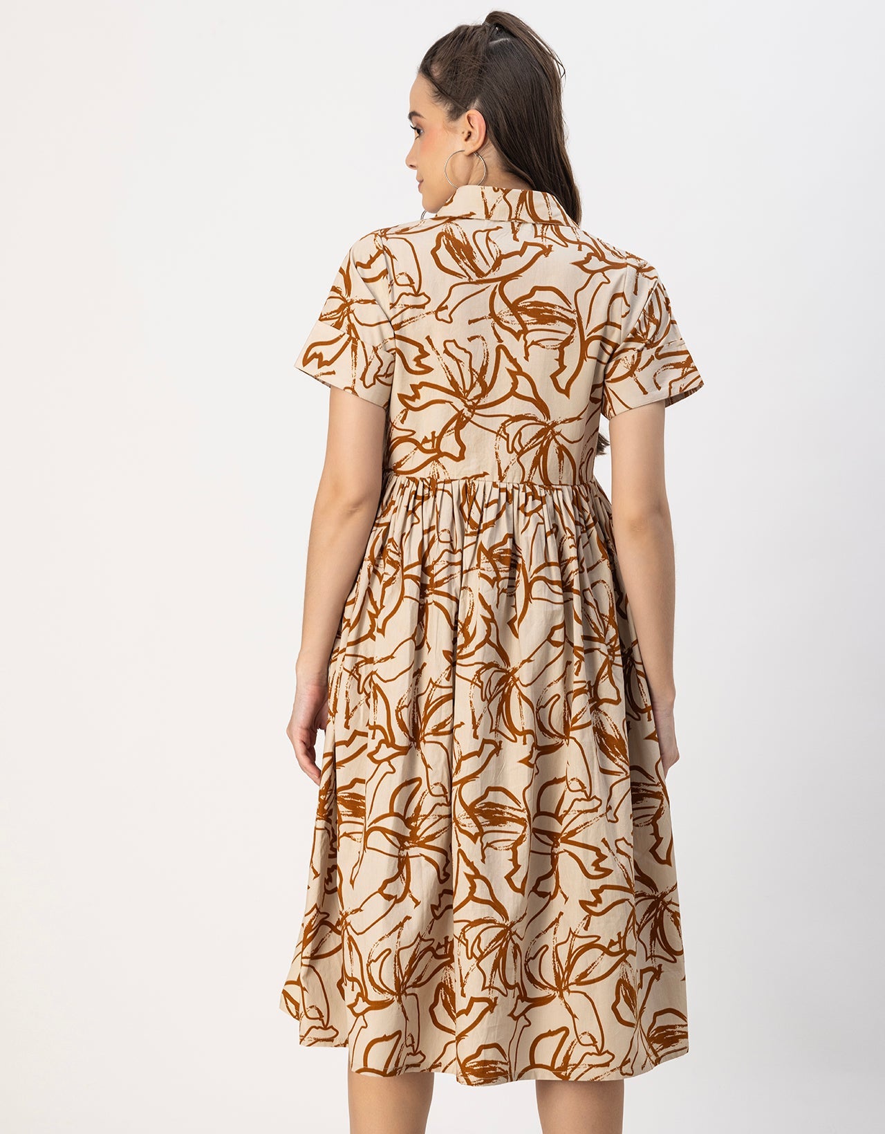 Short Sleeves Spread Collar Flared Cotton Dress
