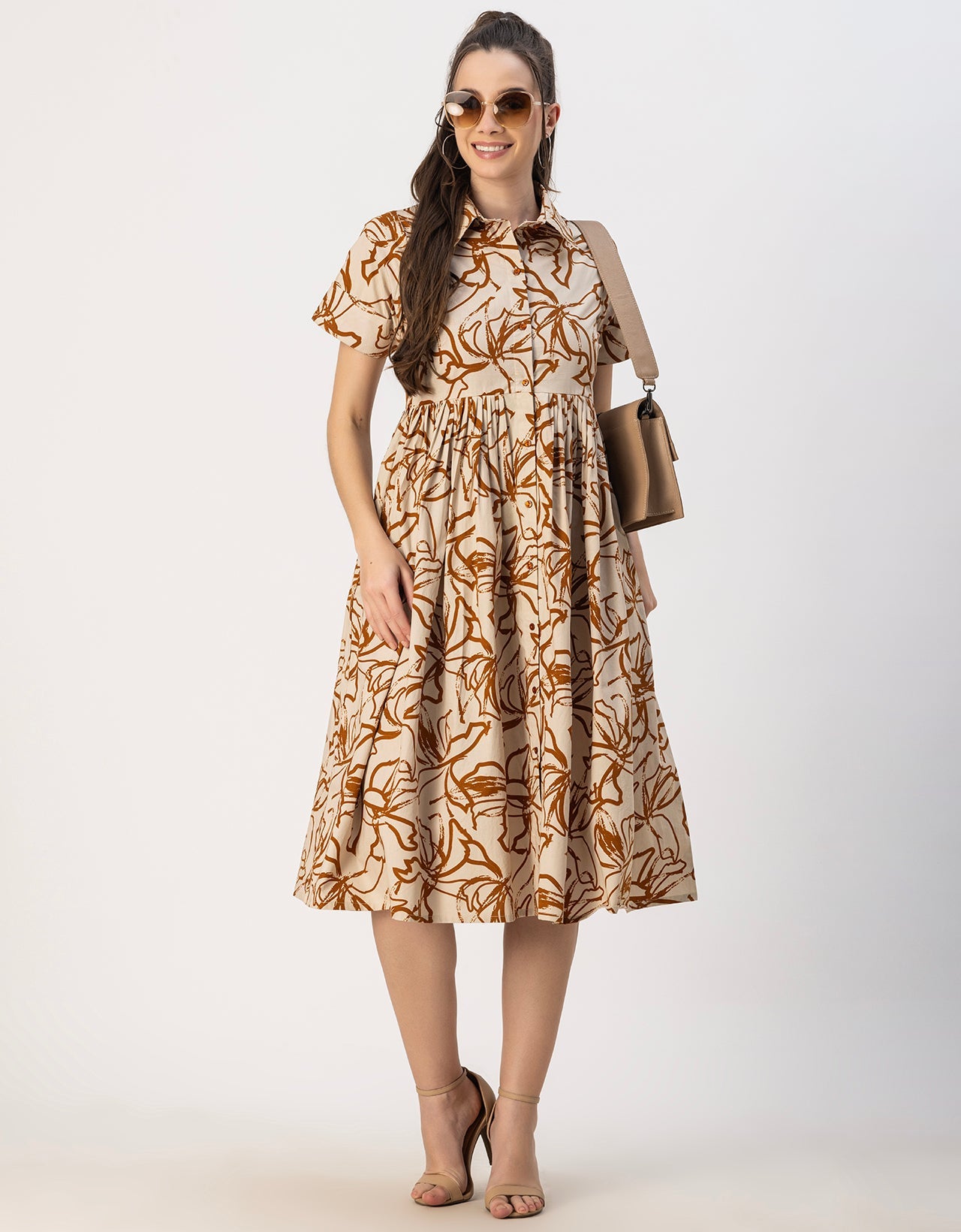Short Sleeves Spread Collar Flared Cotton Dress