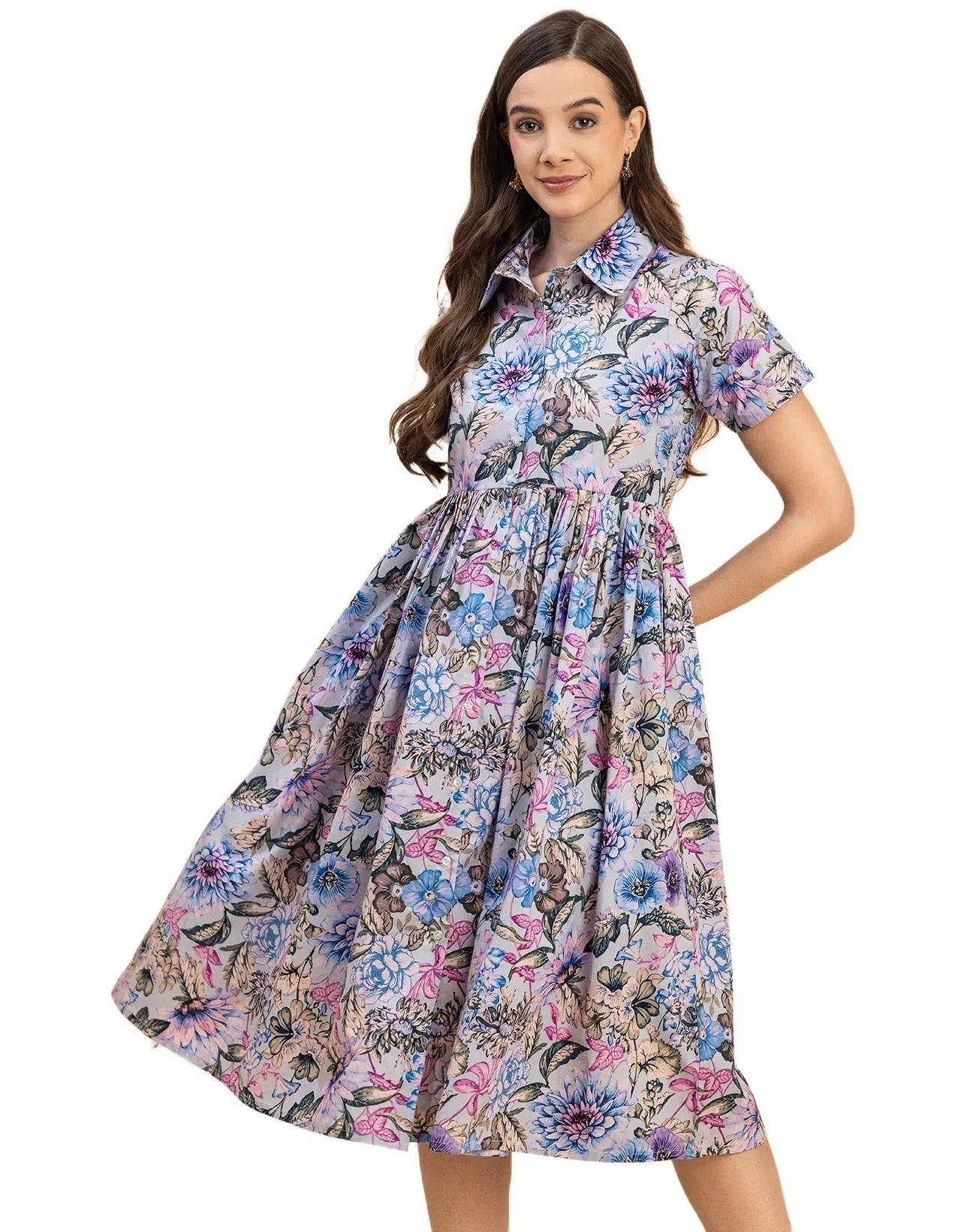 Short Sleeves Spread Collar Flared Cotton Dress