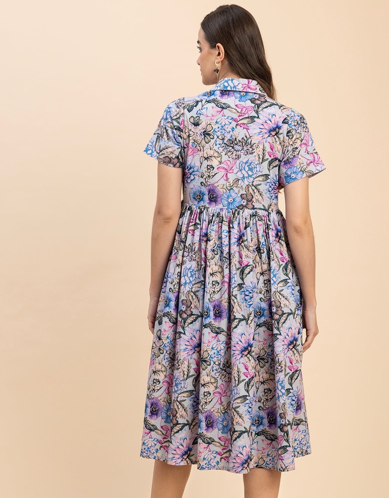 Short Sleeves Spread Collar Flared Cotton Dress