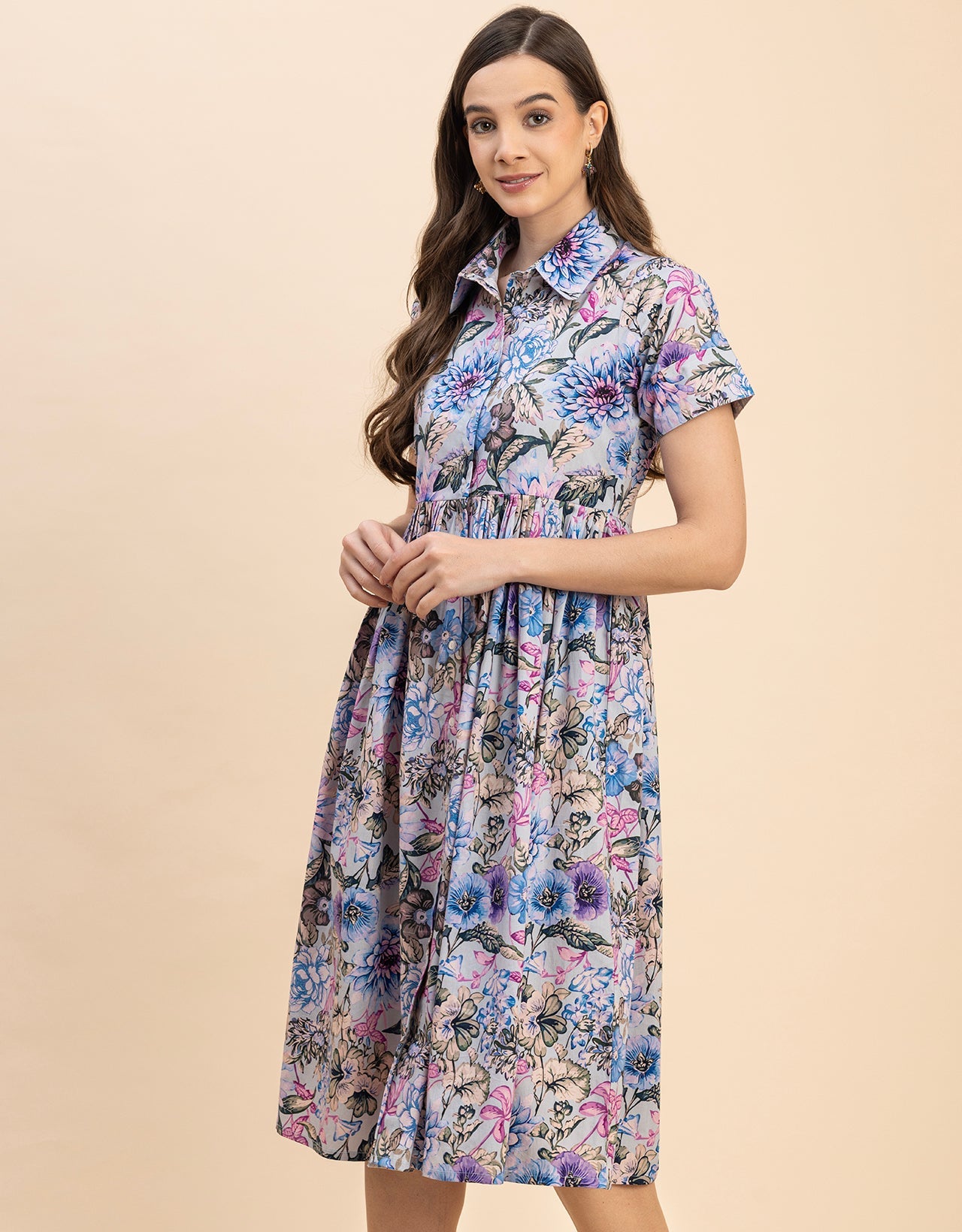 Short Sleeves Spread Collar Flared Cotton Dress