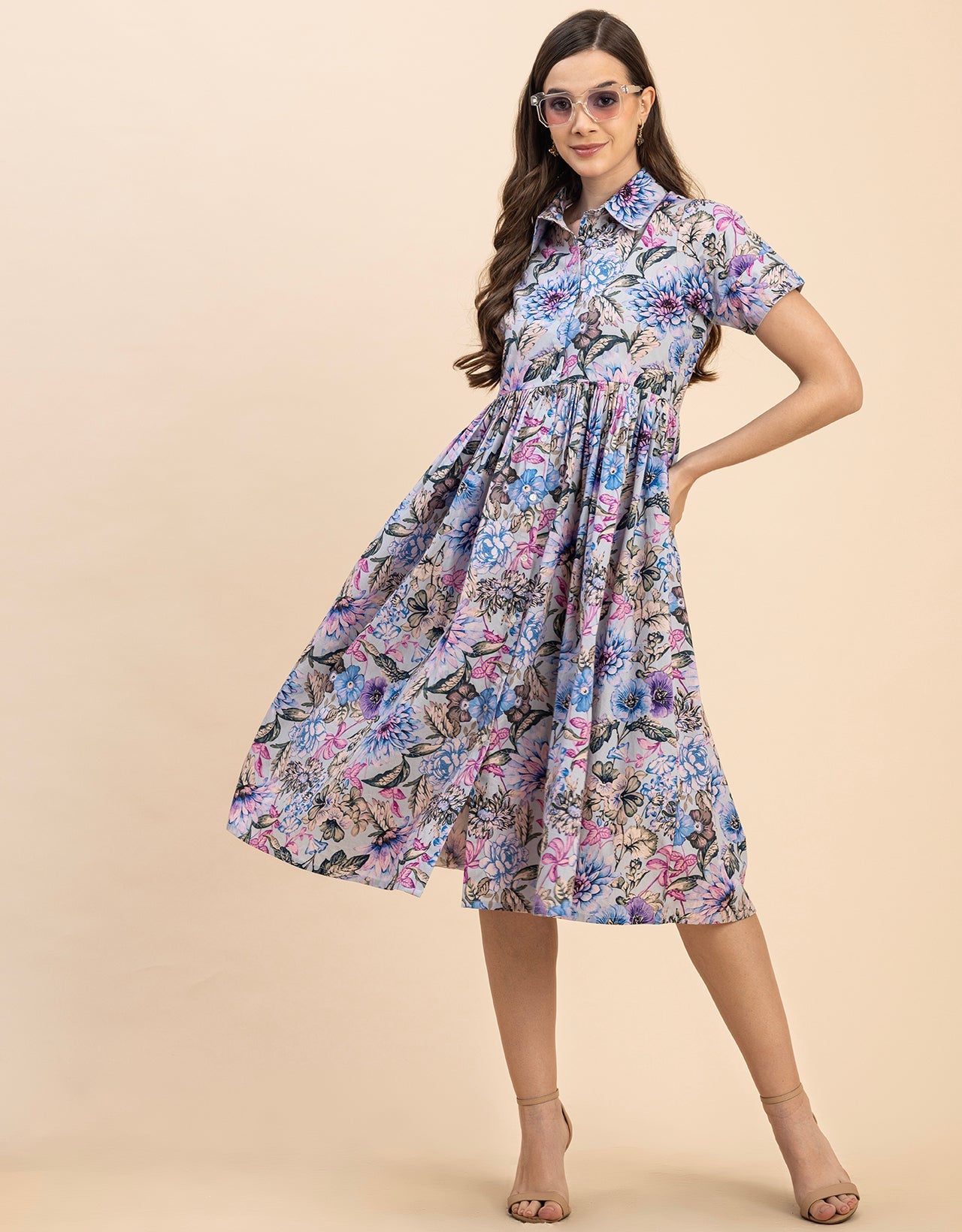 Short Sleeves Spread Collar Flared Cotton Dress