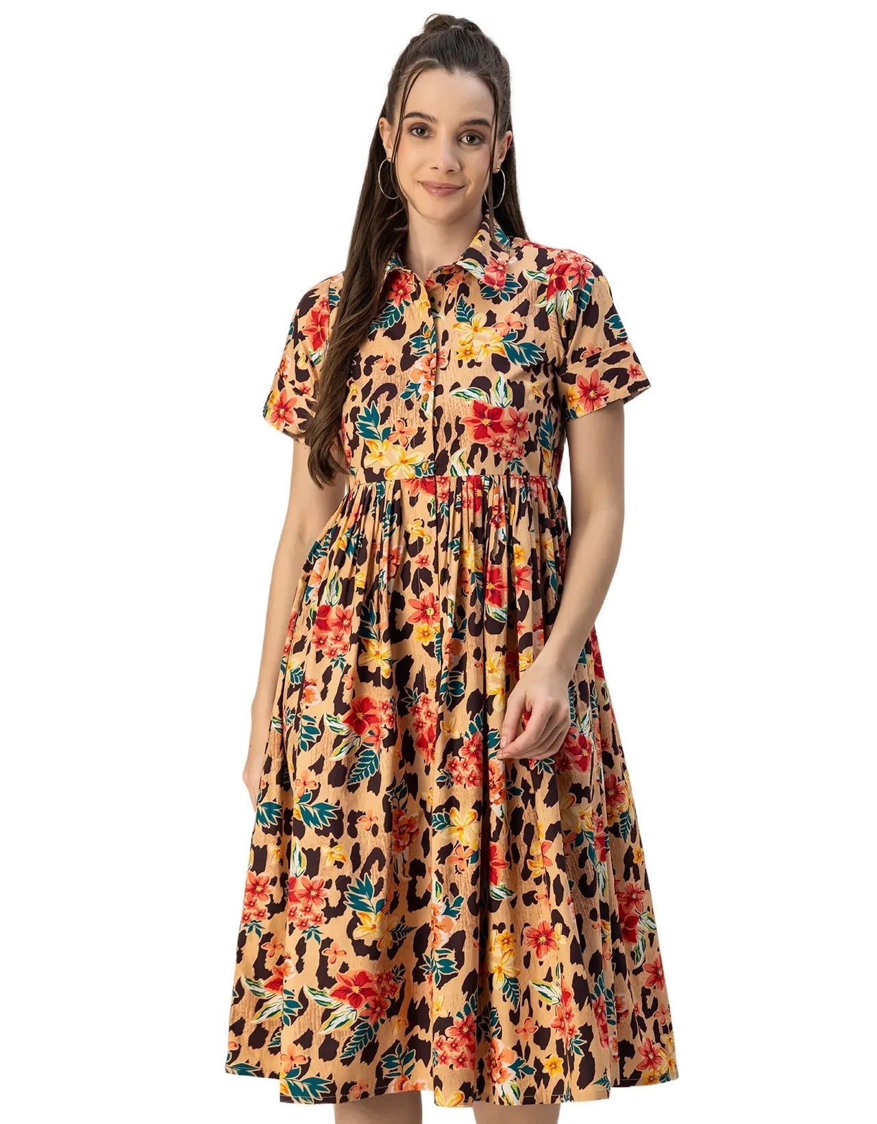 Short Sleeves Spread Collar Flared Cotton Dress