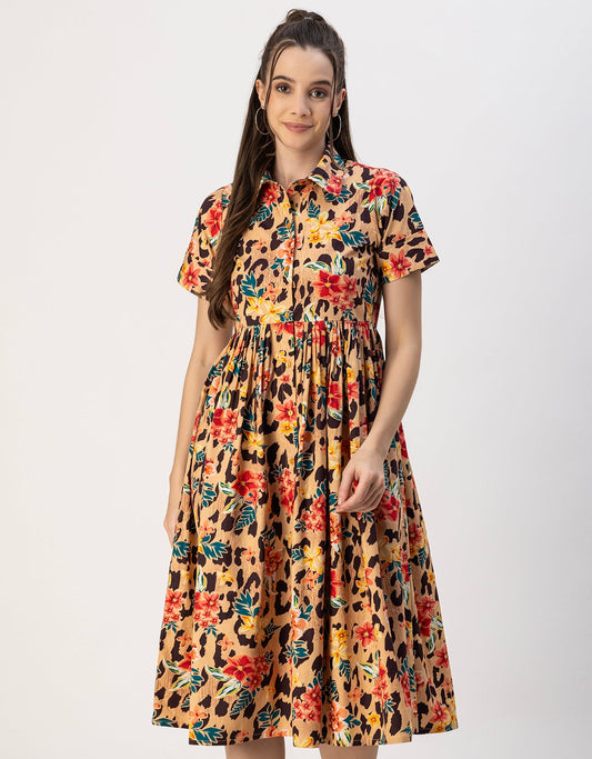 Short Sleeves Spread Collar Flared Cotton Dress