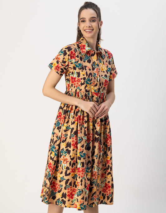 Short Sleeves Spread Collar Flared Cotton Dress