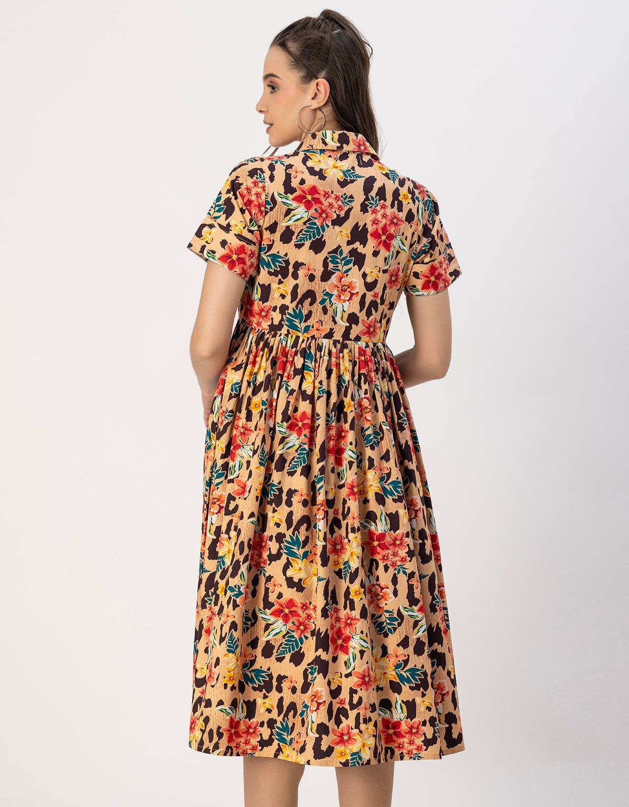 Short Sleeves Spread Collar Flared Cotton Dress