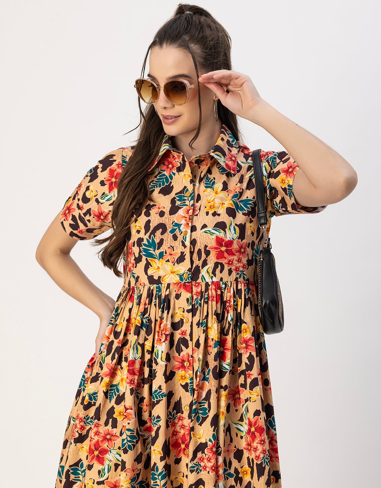 Short Sleeves Spread Collar Flared Cotton Dress
