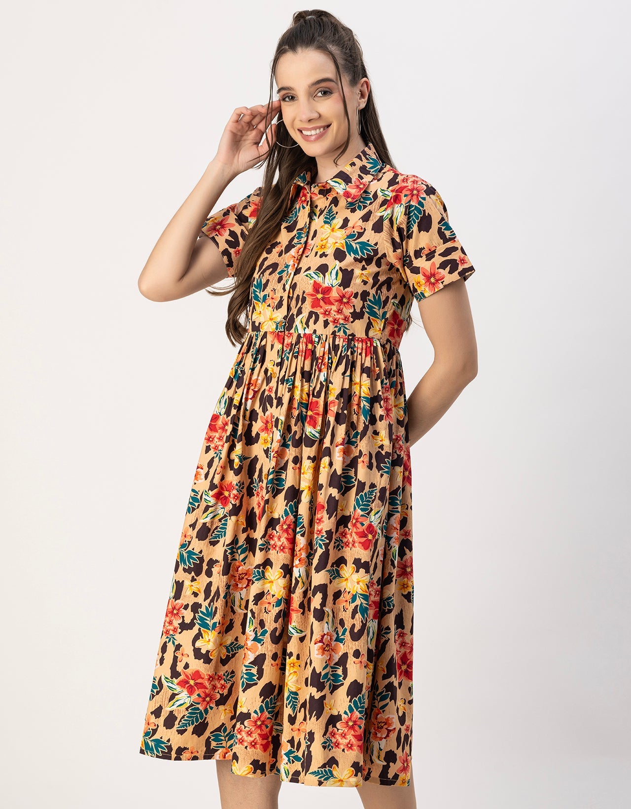 Short Sleeves Spread Collar Flared Cotton Dress