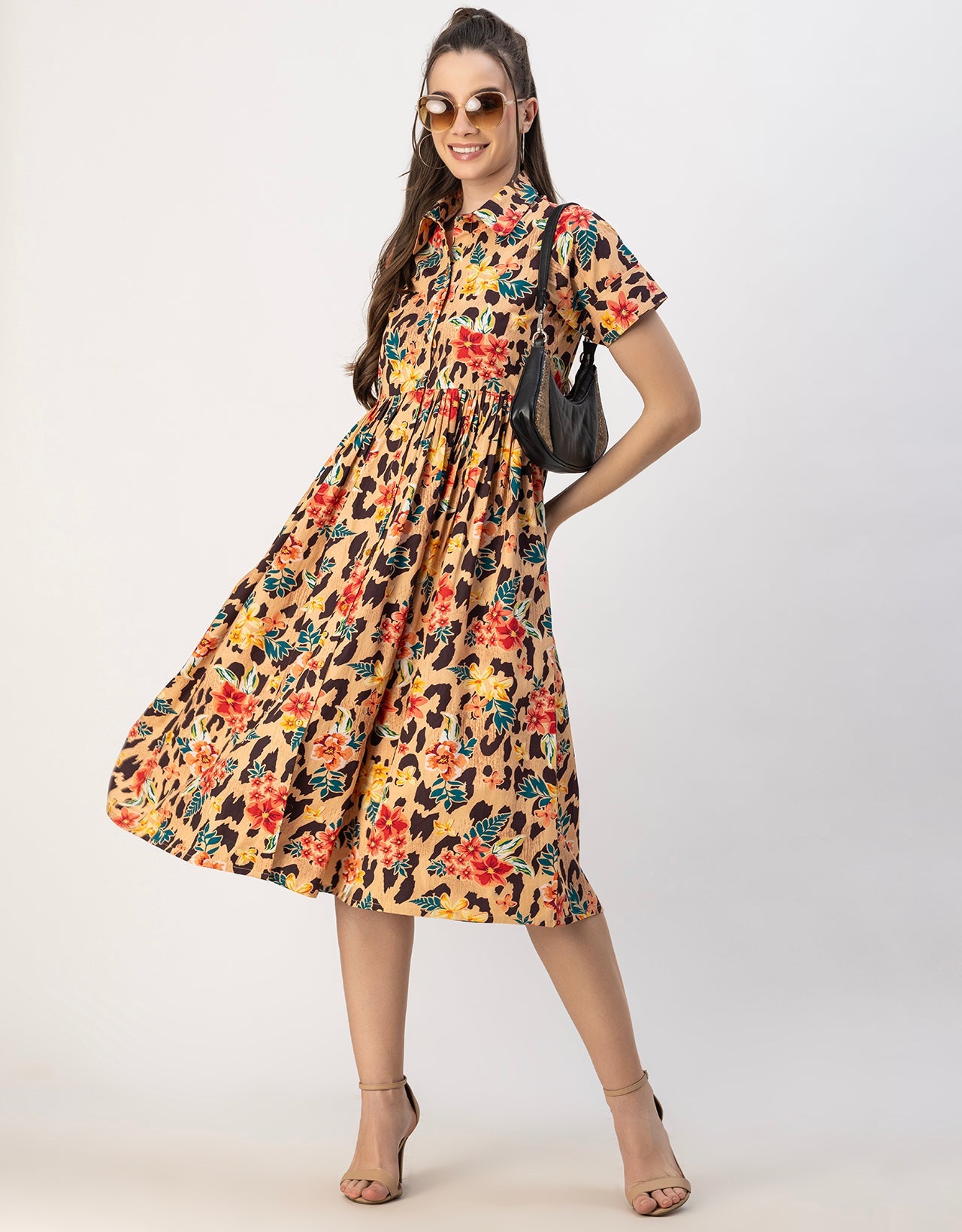 Short Sleeves Spread Collar Flared Cotton Dress