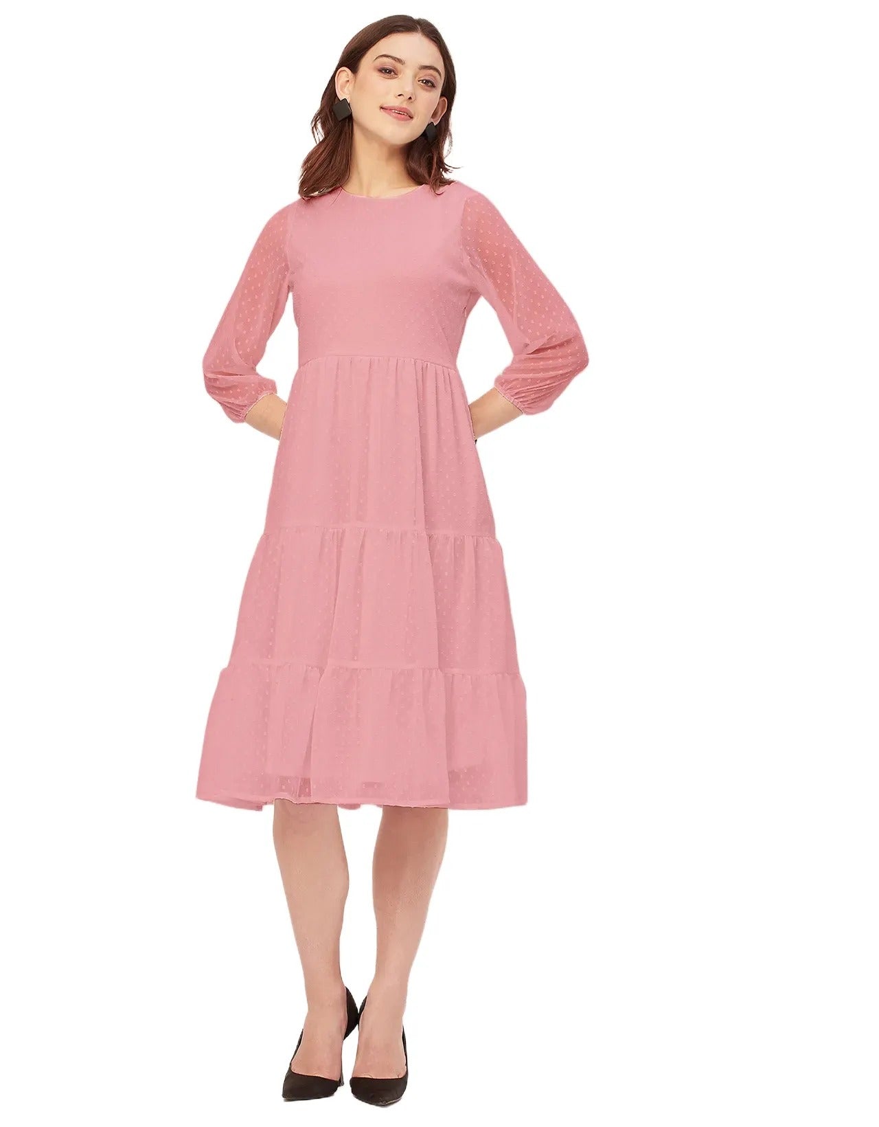 Round Neck Tiered Solid Georgette Dress