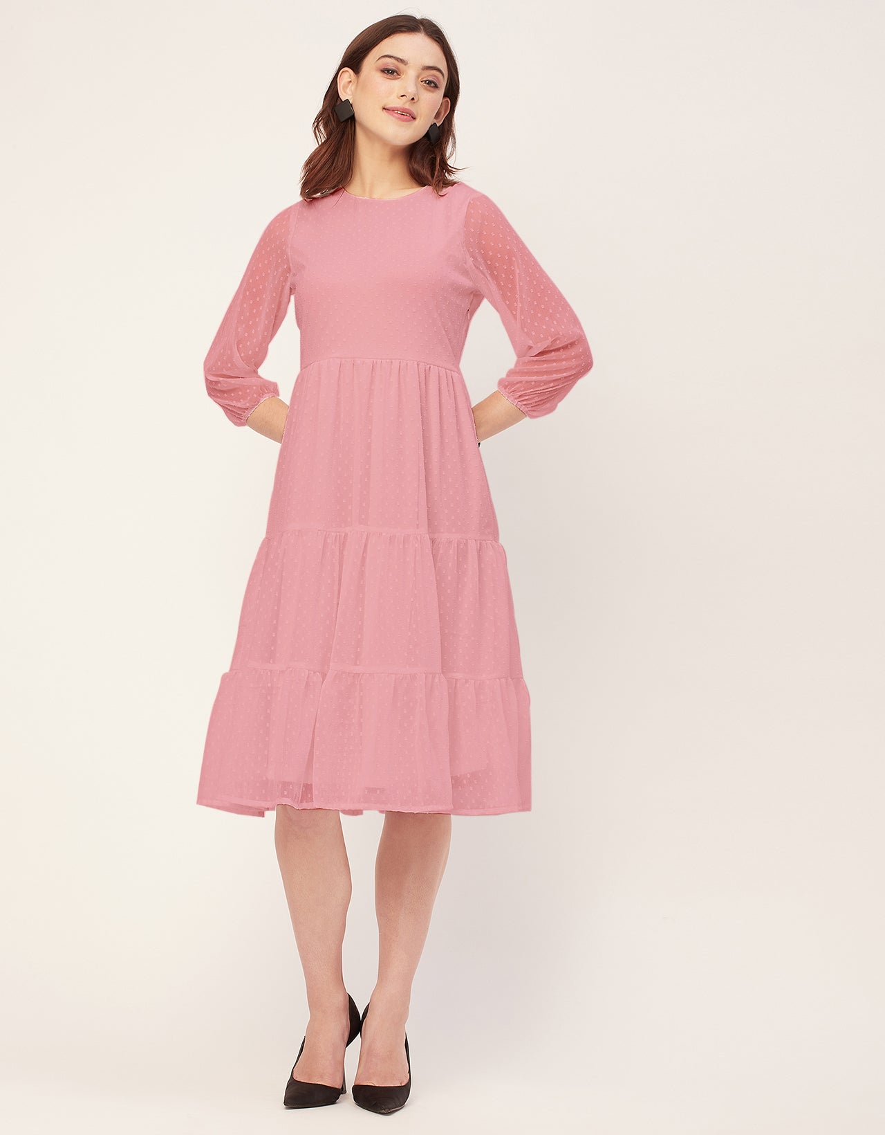 Round Neck Tiered Solid Georgette Dress