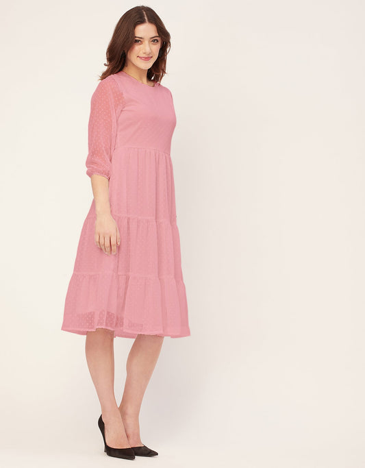 Round Neck Tiered Solid Georgette Dress