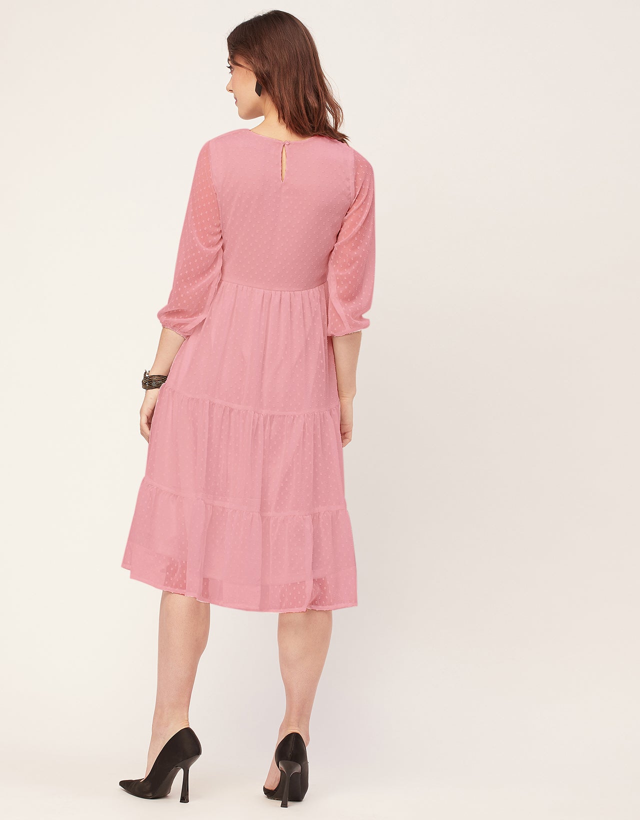 Round Neck Tiered Solid Georgette Dress