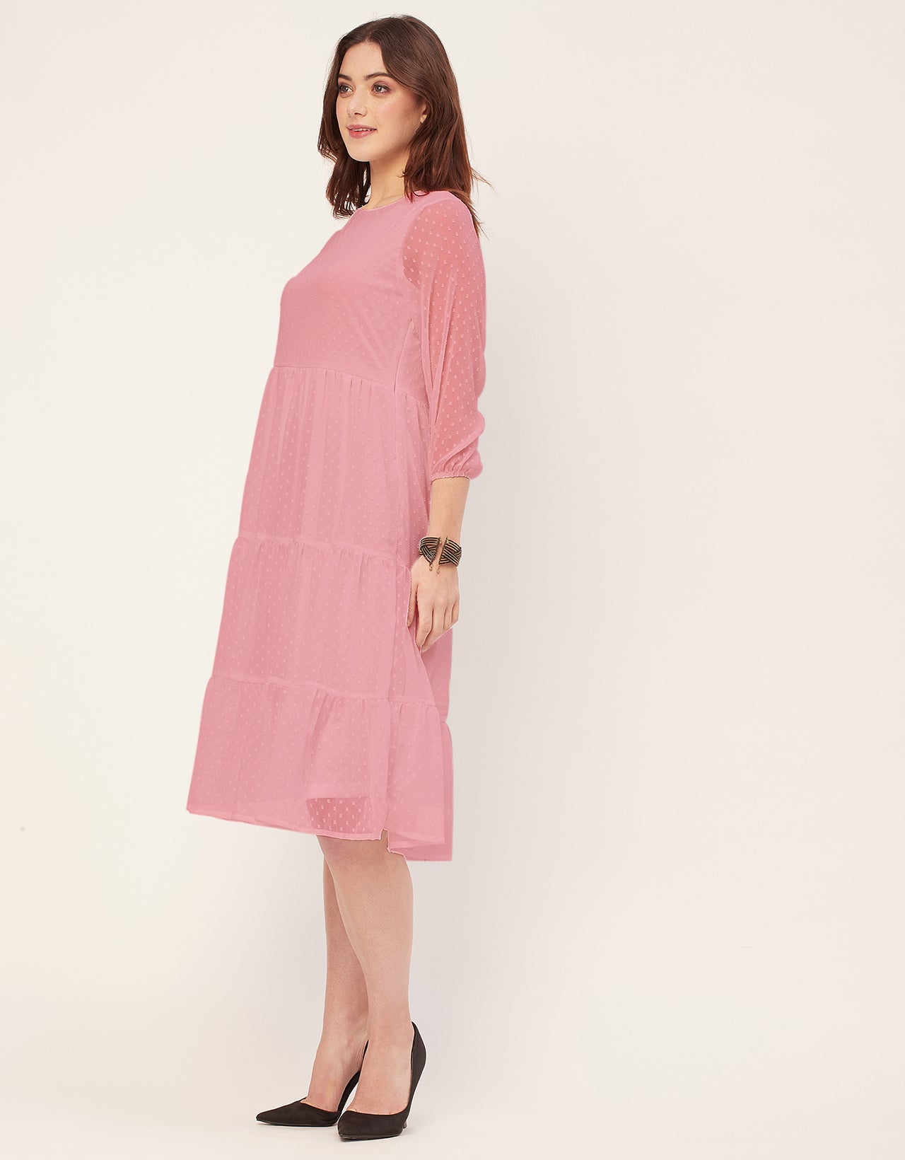 Round Neck Tiered Solid Georgette Dress