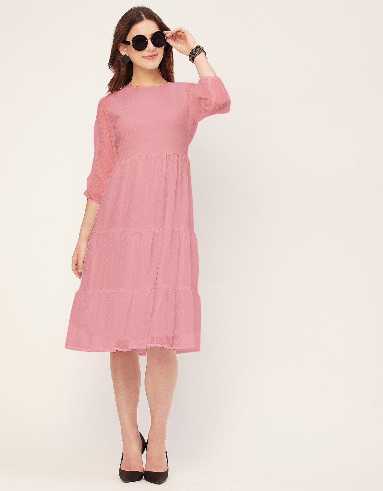 Round Neck Tiered Solid Georgette Dress