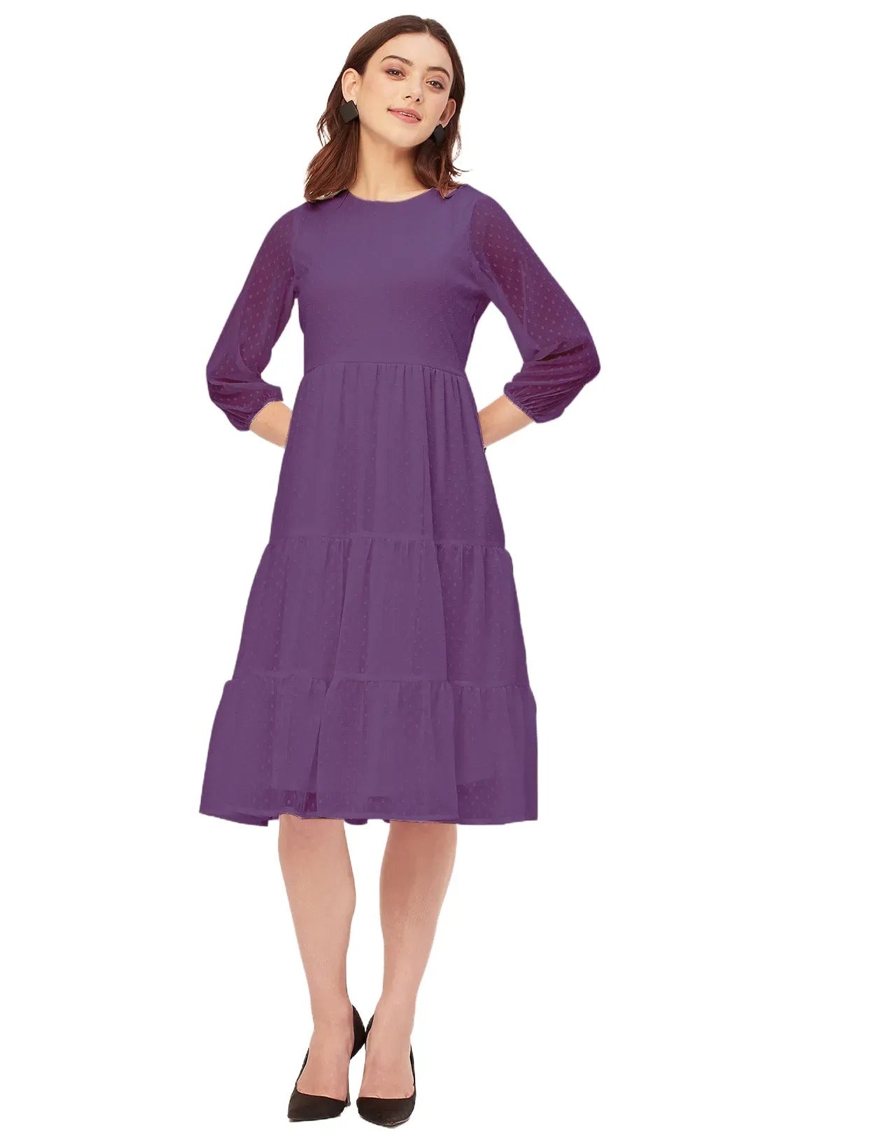 Round Neck Tiered Solid Georgette Dress