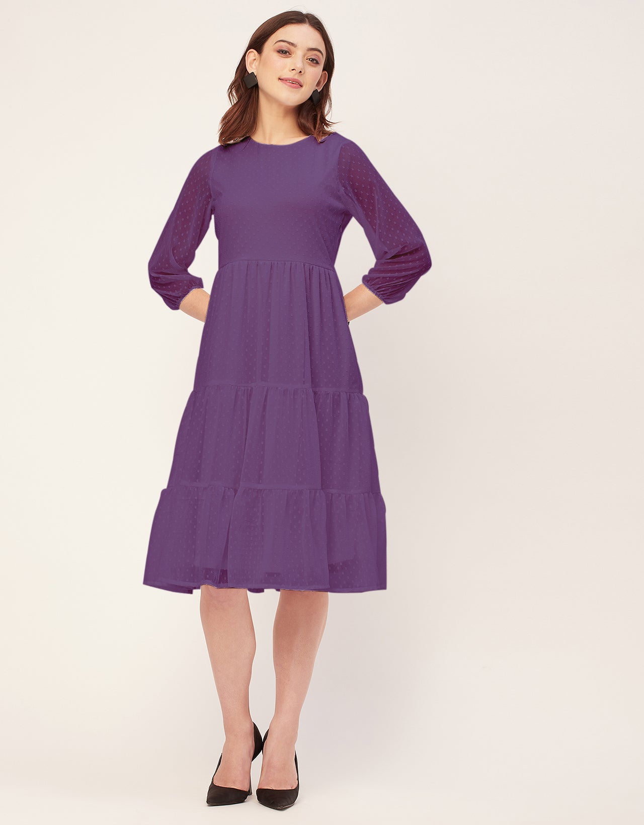 Round Neck Tiered Solid Georgette Dress