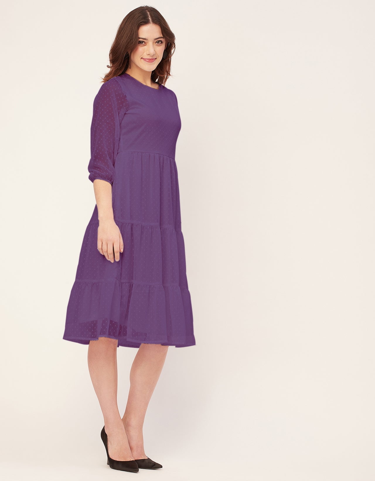 Round Neck Tiered Solid Georgette Dress