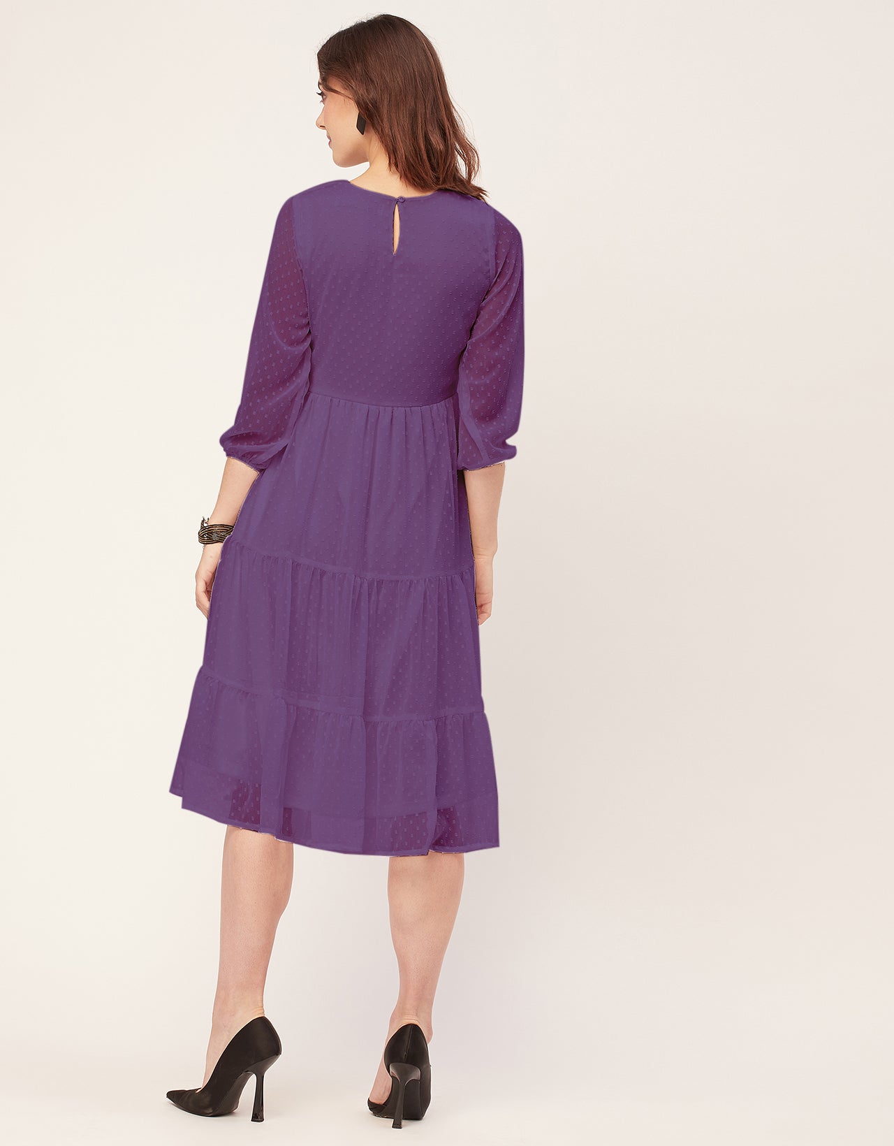 Round Neck Tiered Solid Georgette Dress