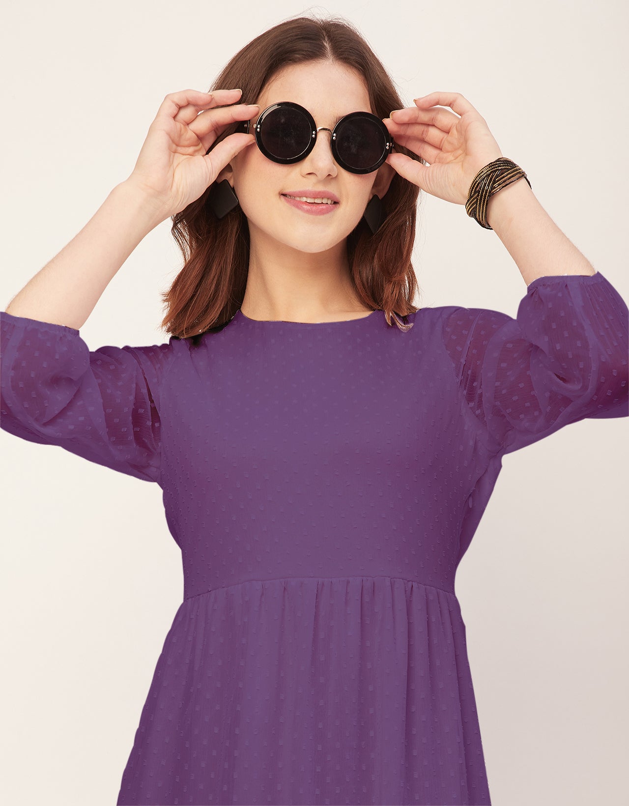Round Neck Tiered Solid Georgette Dress