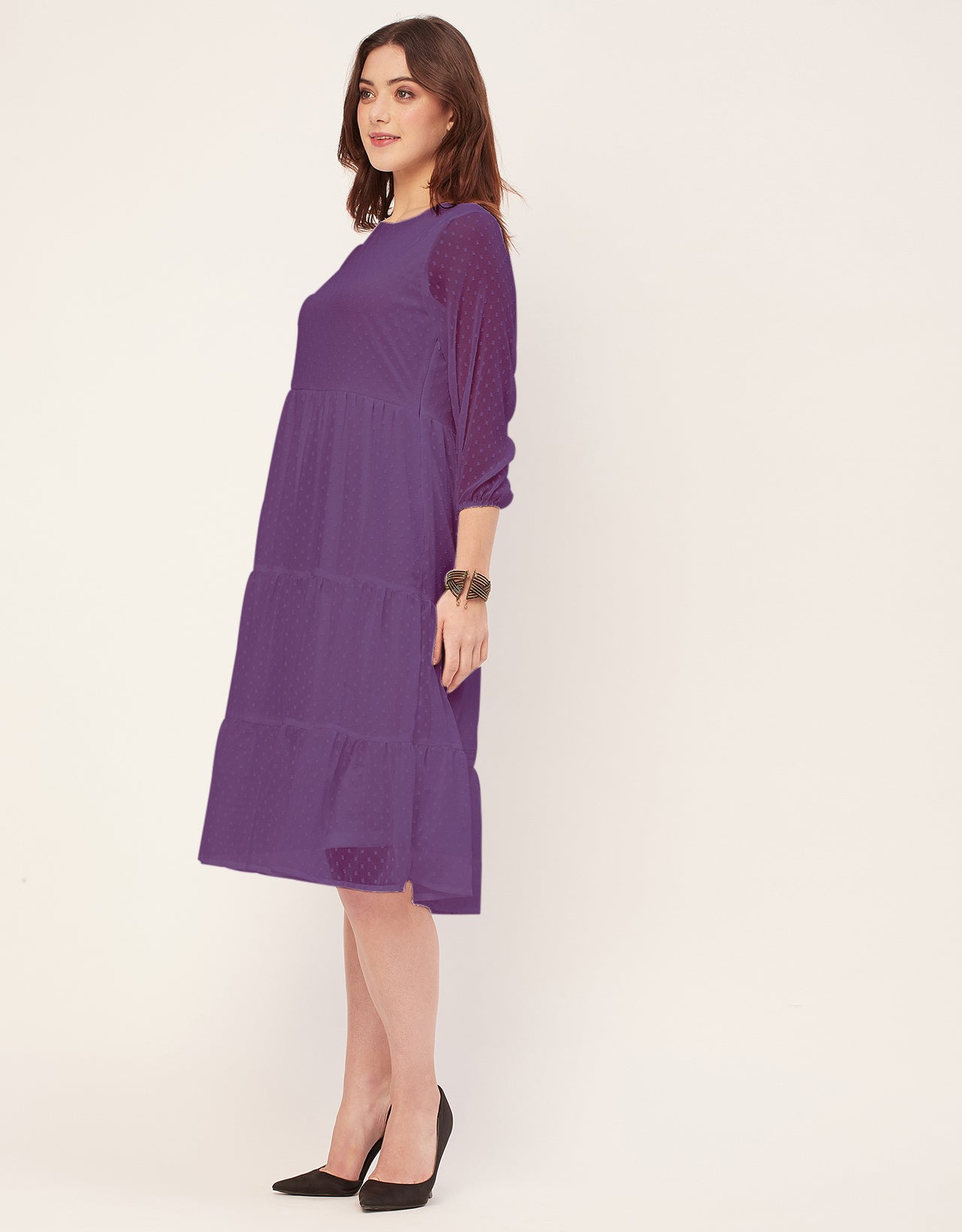 Round Neck Tiered Solid Georgette Dress