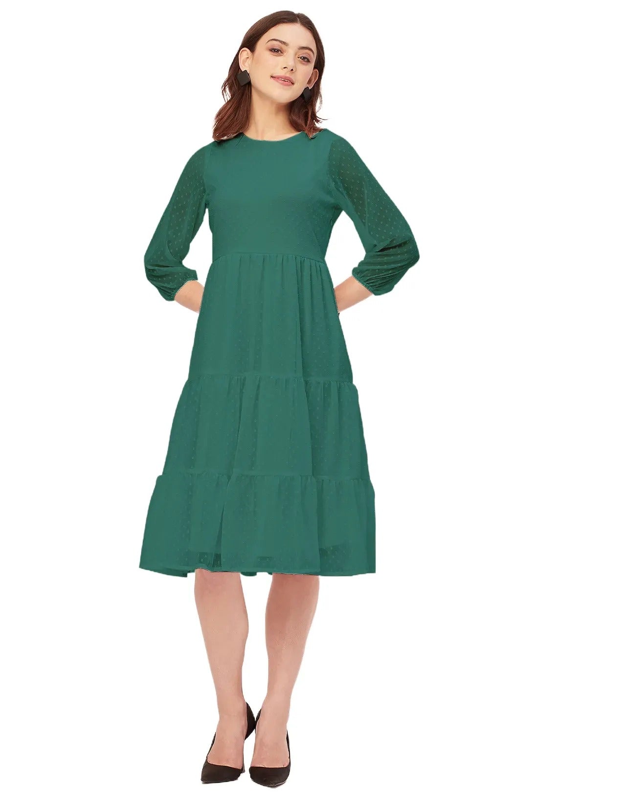 Round Neck Tiered Solid Georgette Dress