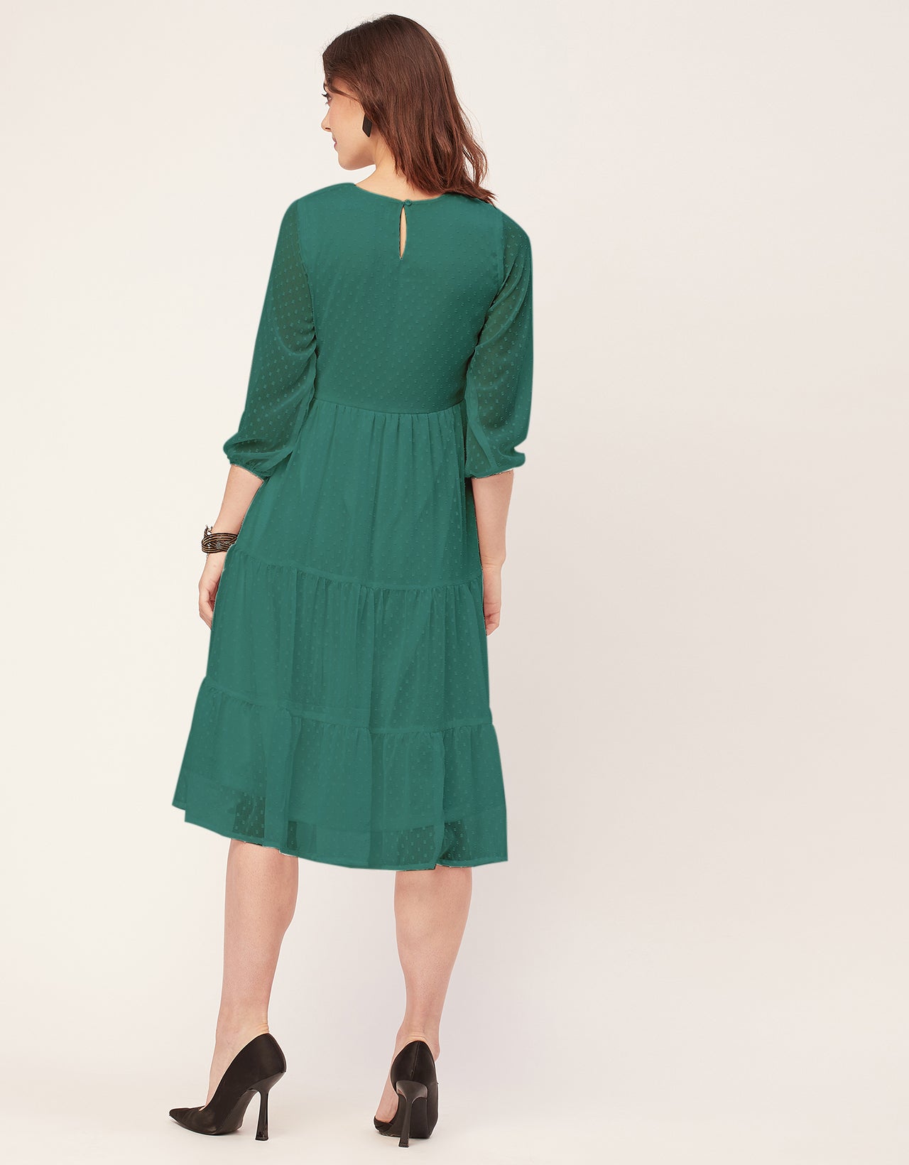 Round Neck Tiered Solid Georgette Dress