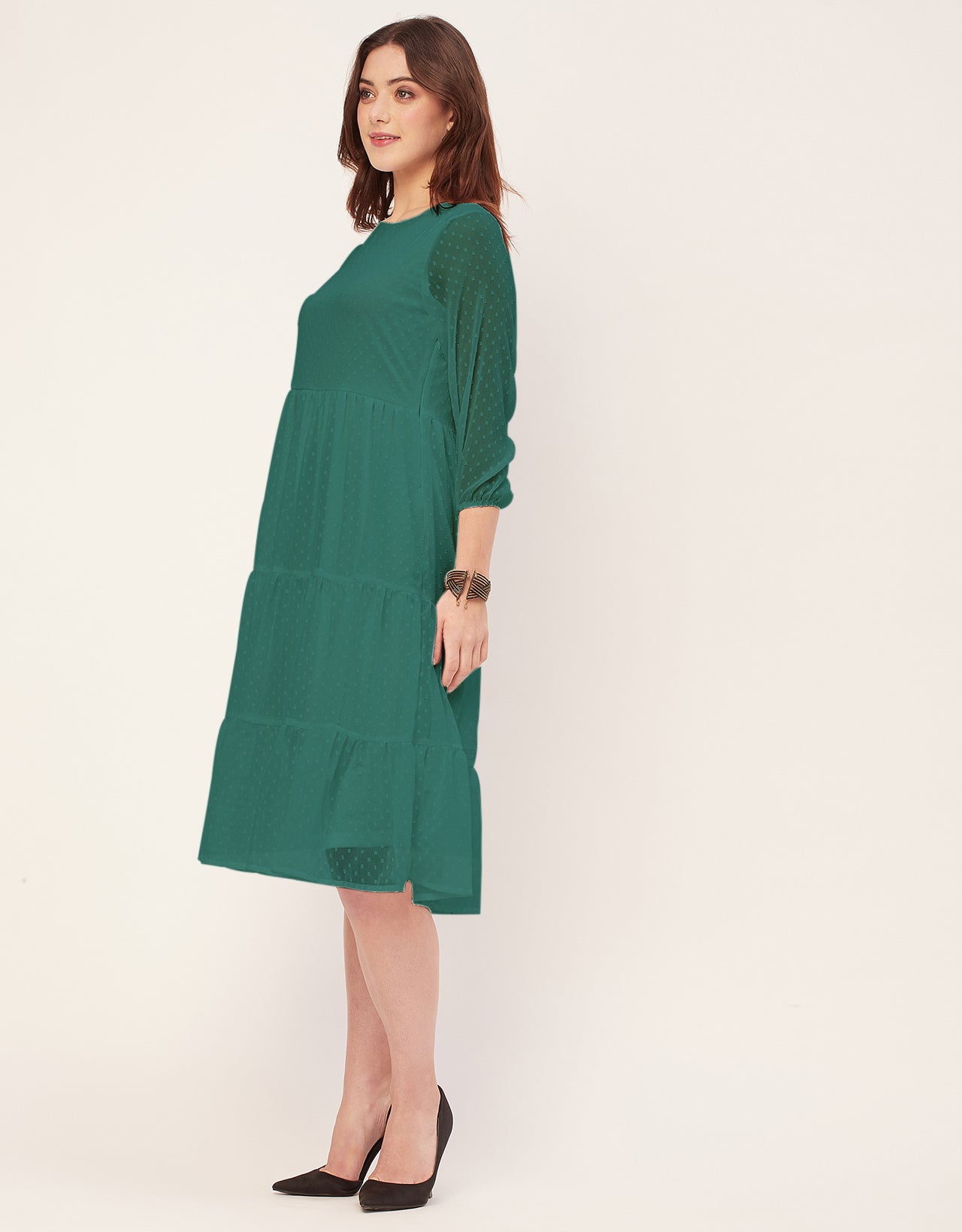 Round Neck Tiered Solid Georgette Dress