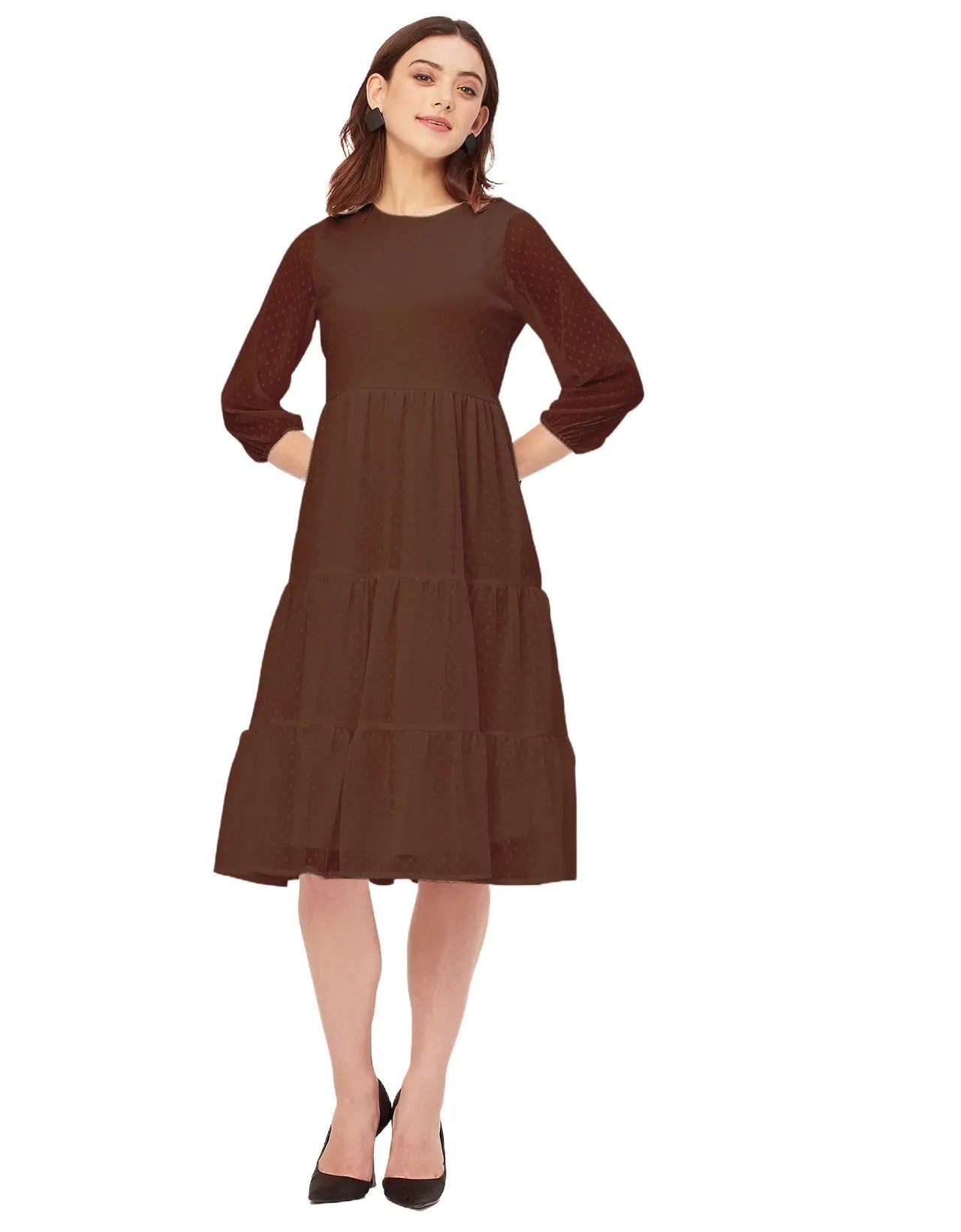 Round Neck Tiered Solid Georgette Dress