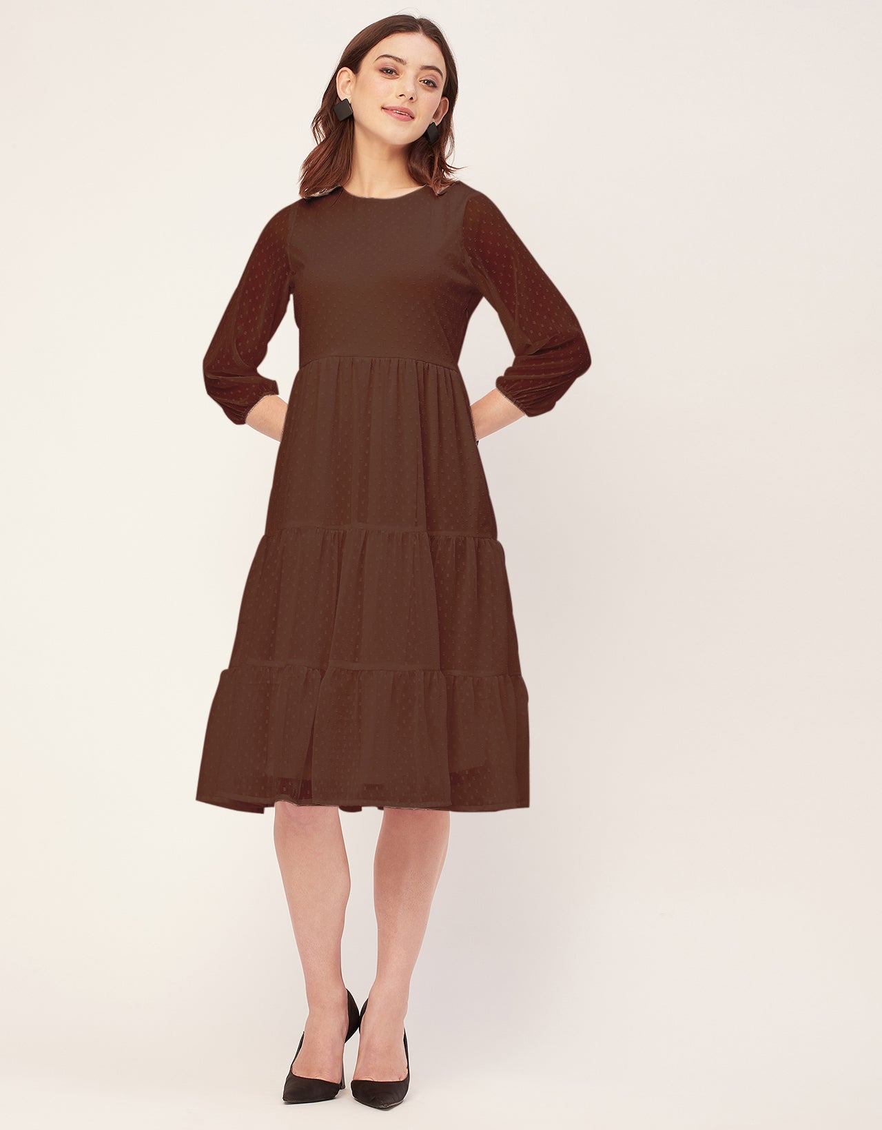 Round Neck Tiered Solid Georgette Dress