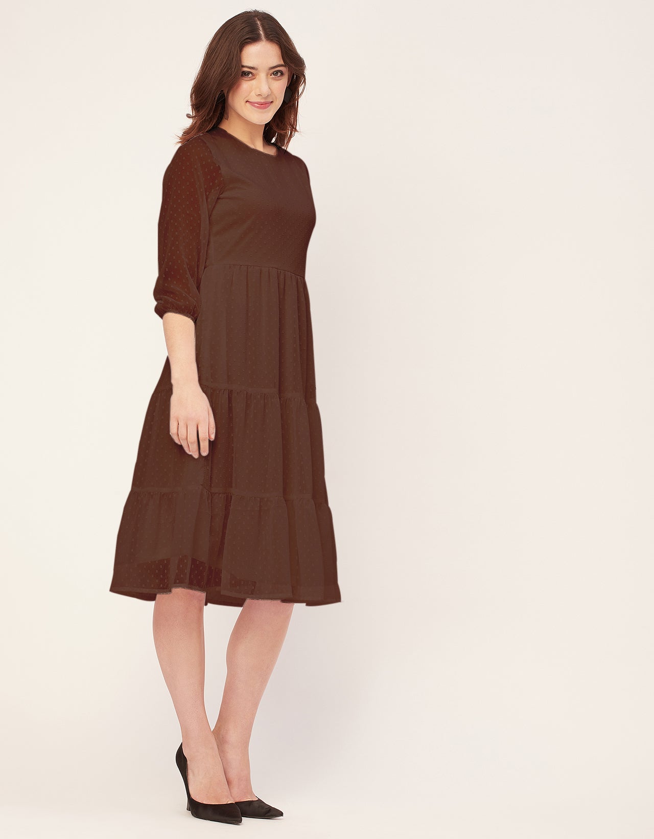 Round Neck Tiered Solid Georgette Dress