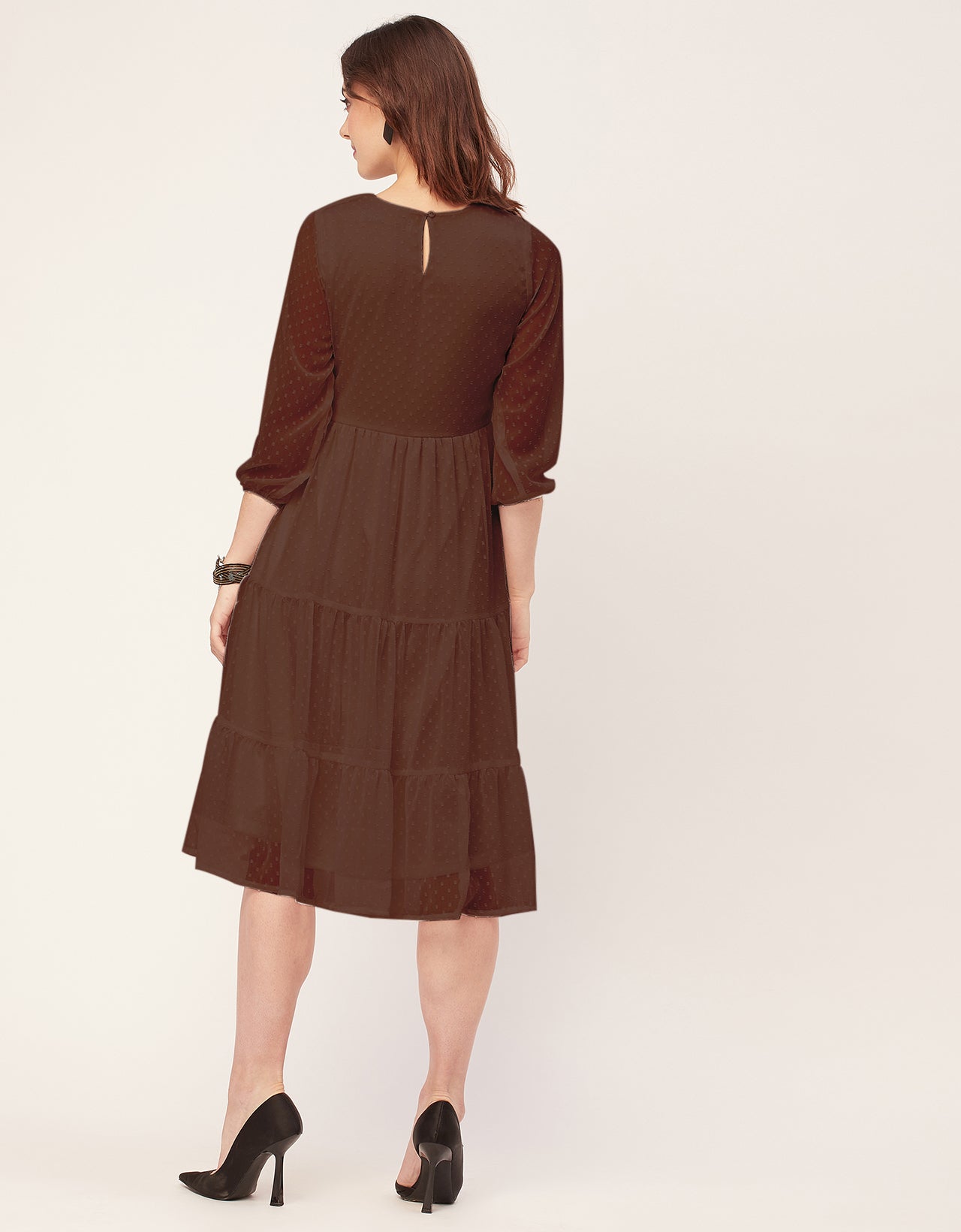 Round Neck Tiered Solid Georgette Dress