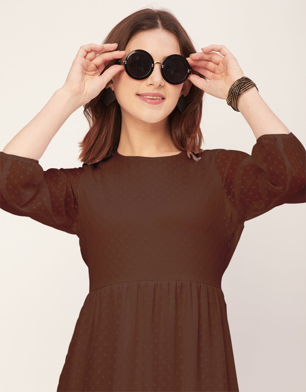 Round Neck Tiered Solid Georgette Dress