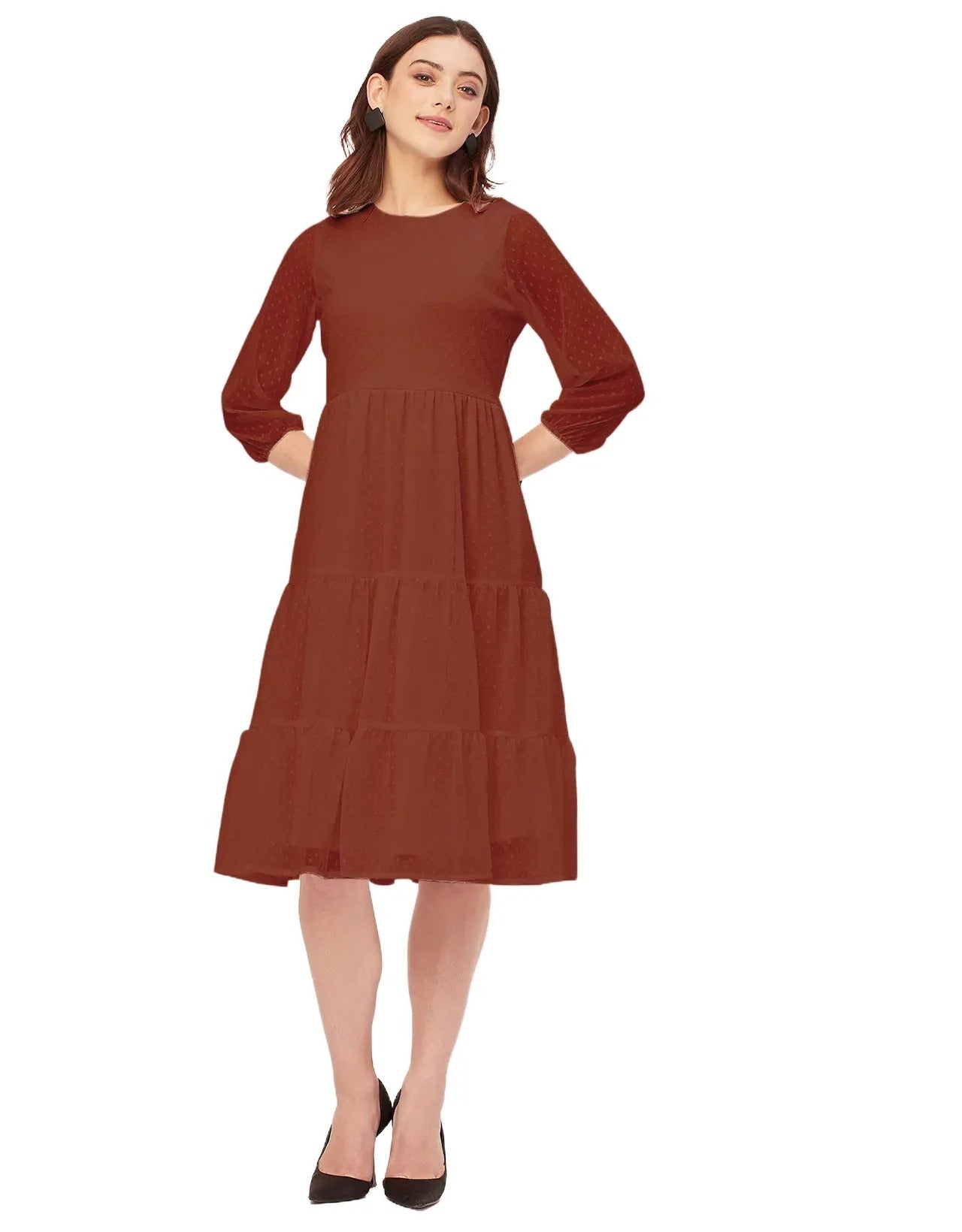 Round Neck Tiered Solid Georgette Dress