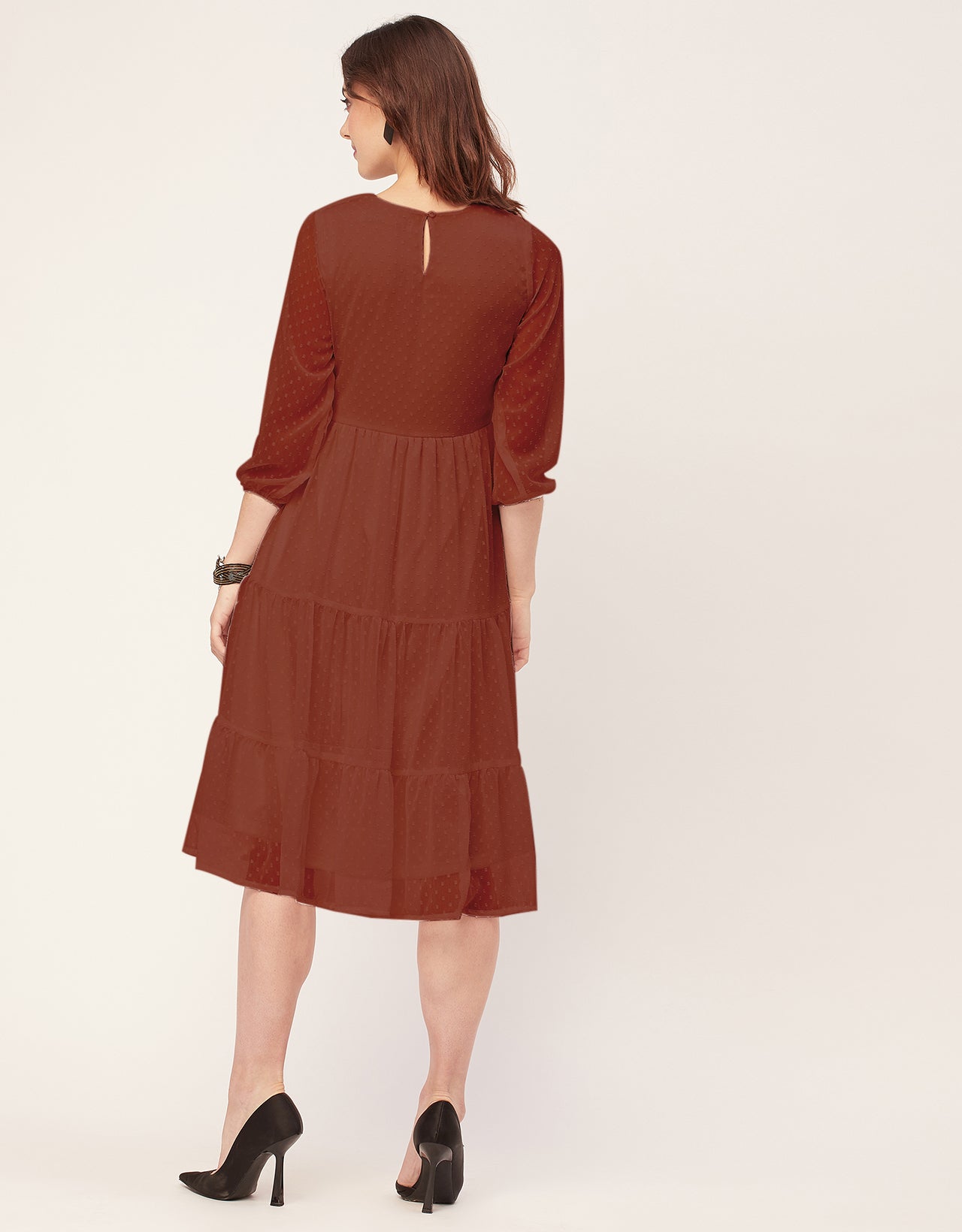 Round Neck Tiered Solid Georgette Dress