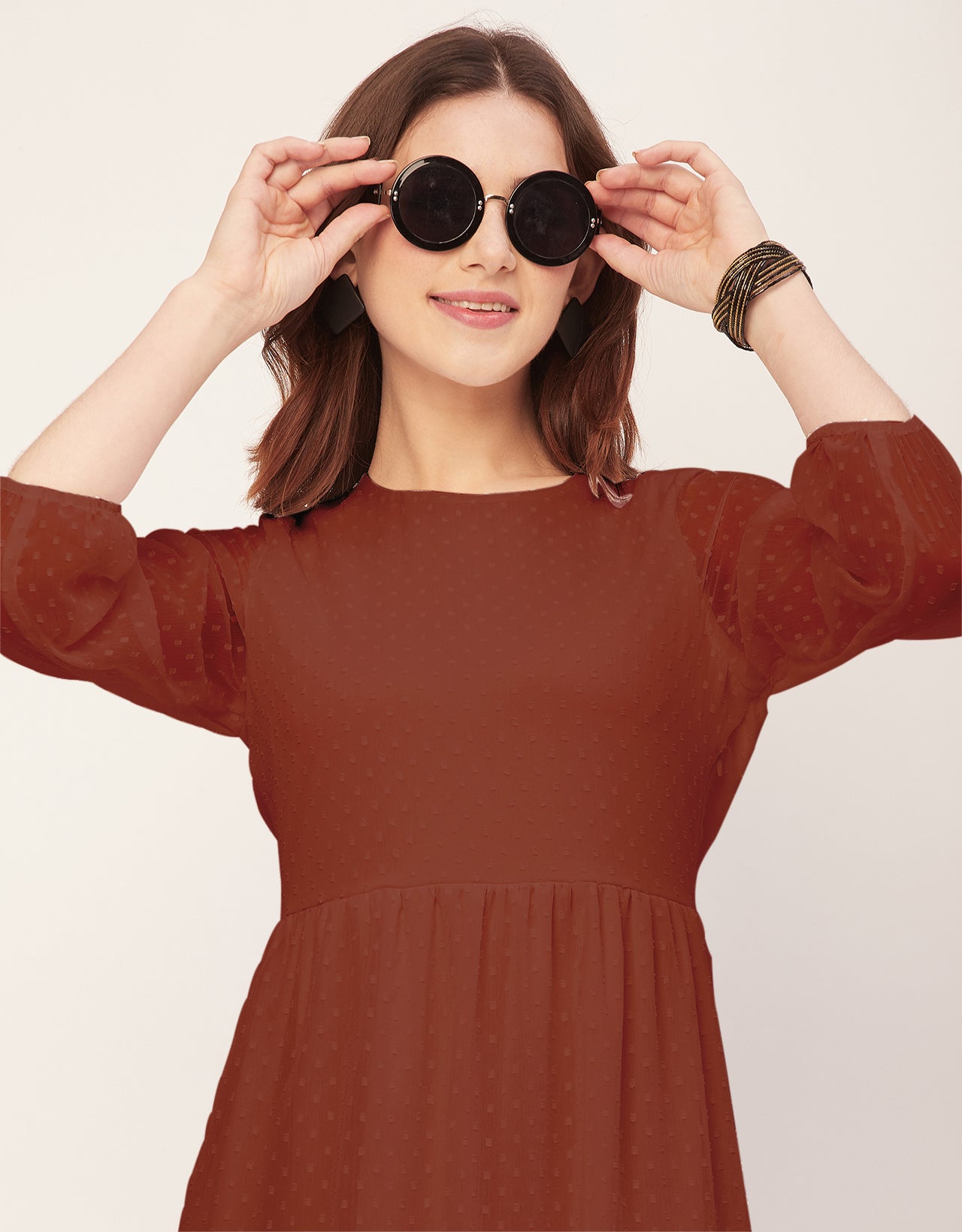Round Neck Tiered Solid Georgette Dress