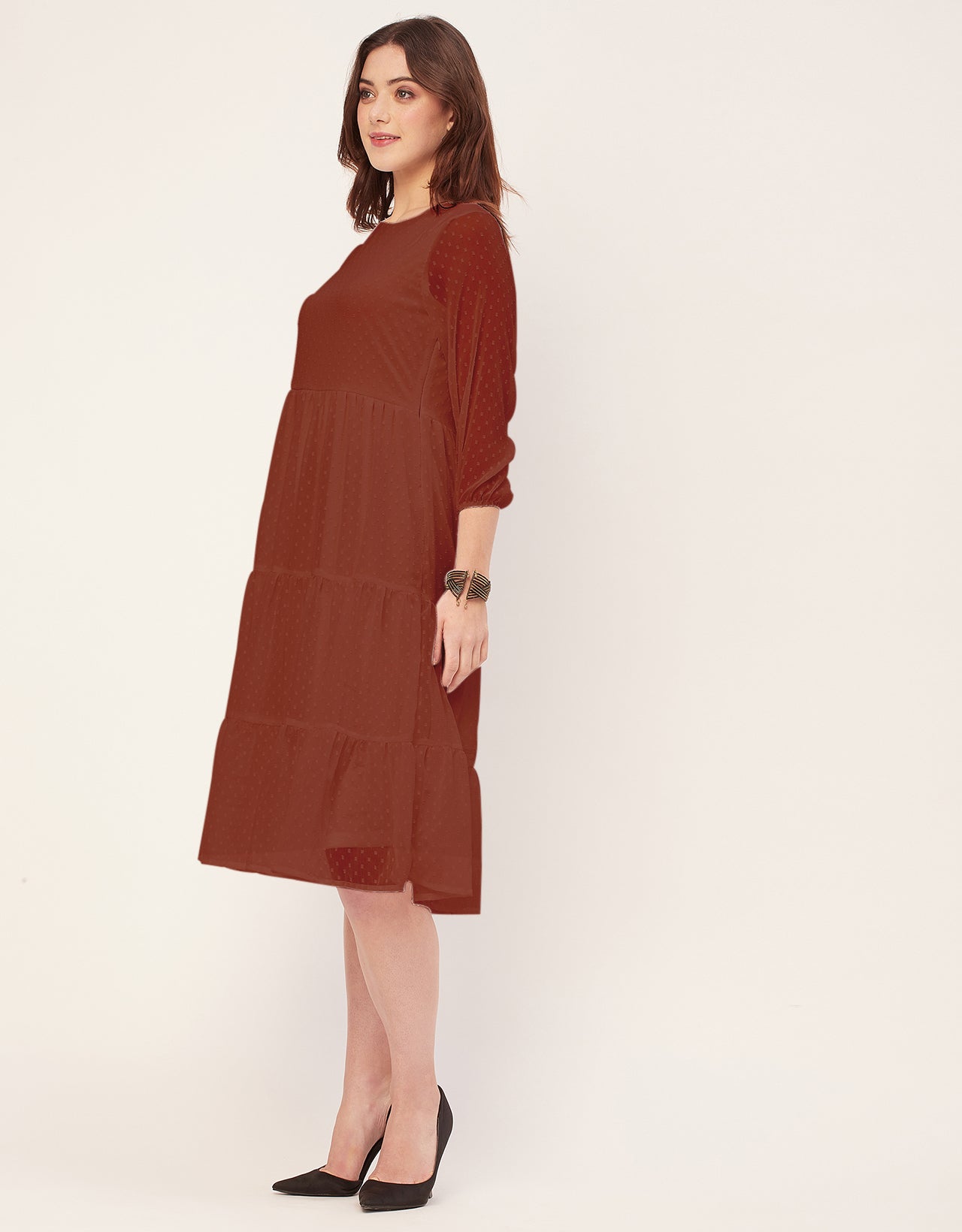 Round Neck Tiered Solid Georgette Dress