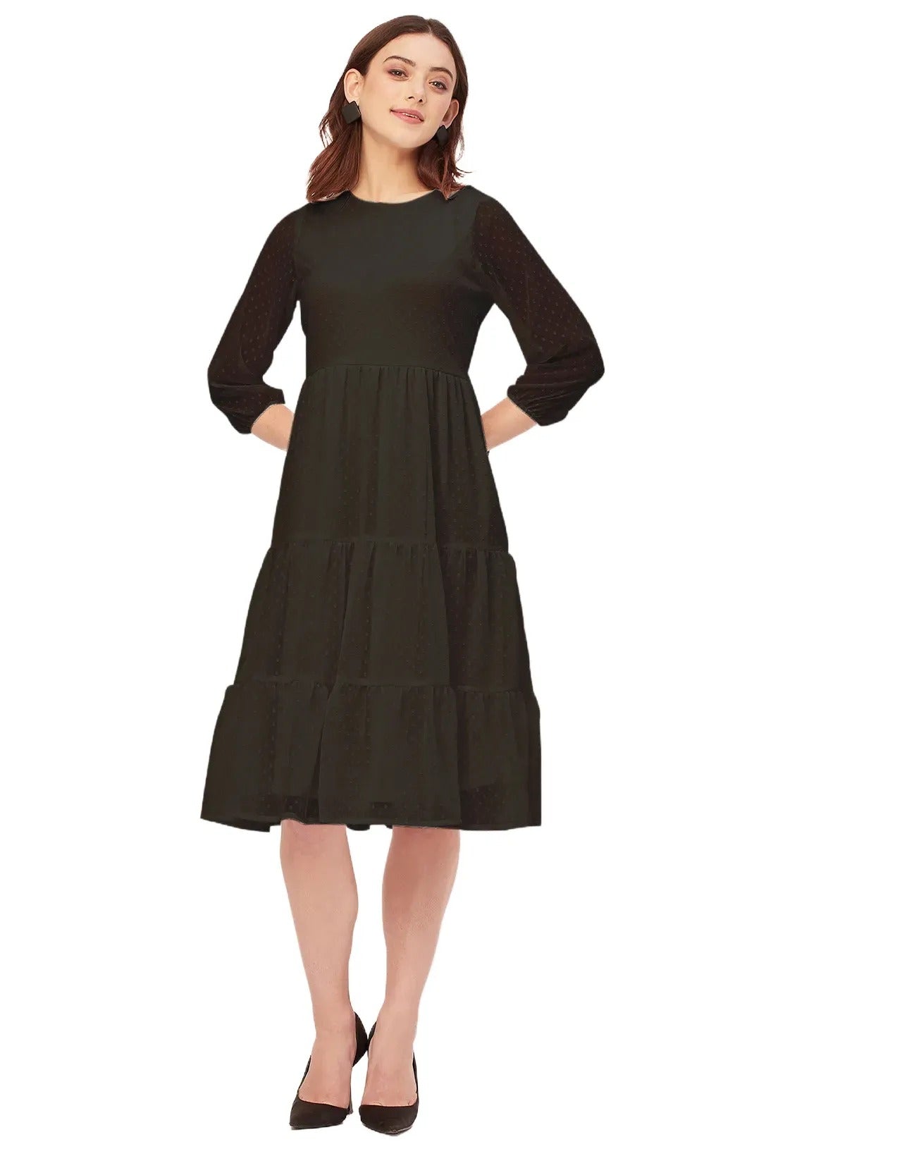 Round Neck Tiered Solid Georgette Dress